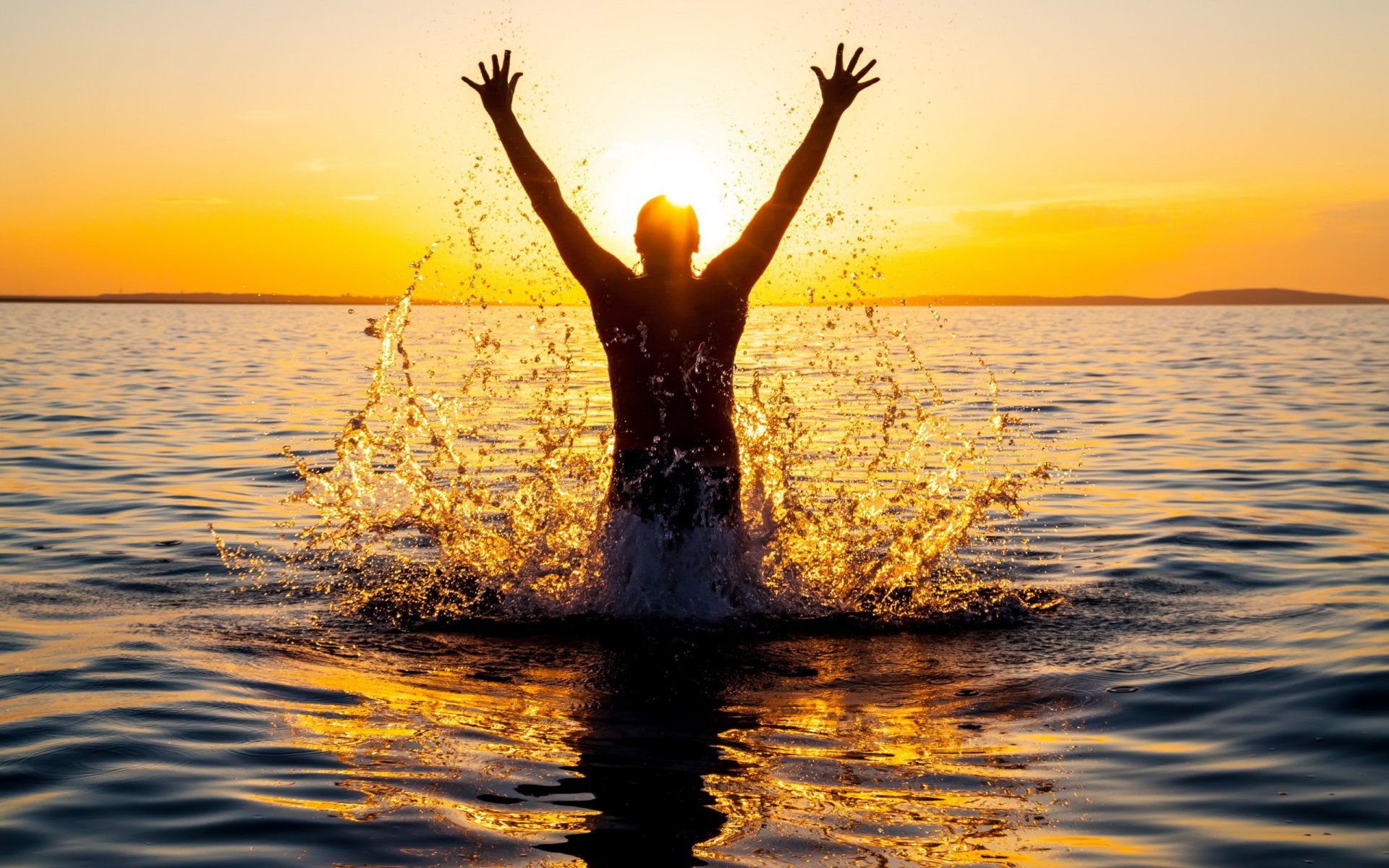 water drops spray emotions happiness summer silhouette men hands palm sky sun light rays horizon the distance