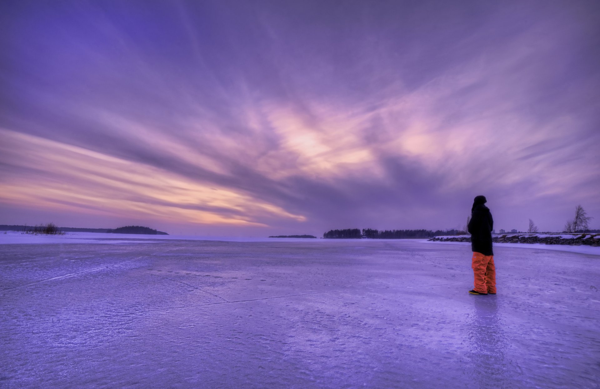 sweden winter lake next night guy landscape lilac sky