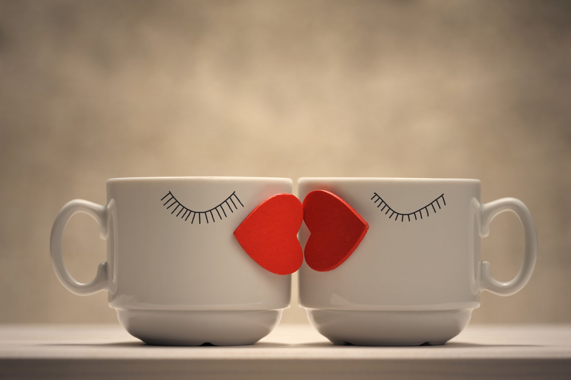 mood two coffee shop cups mugs the pair sponge red heart love kiss creative good idea positive bokeh wallpaper.