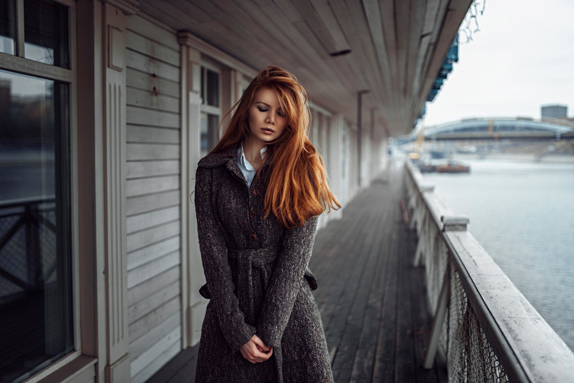 girl tonya red hair river coat russia george chernyad'ev