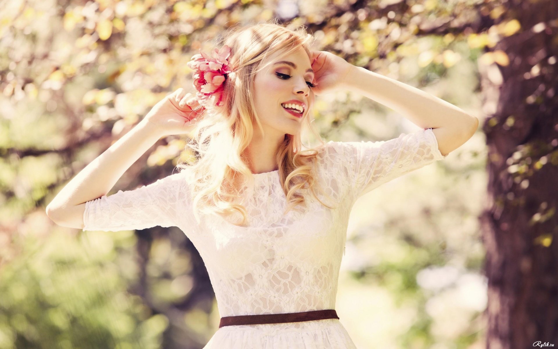 girl beautiful slim smile view bra dress belt transparent mood spring park tree woman look clear moods spring park trees