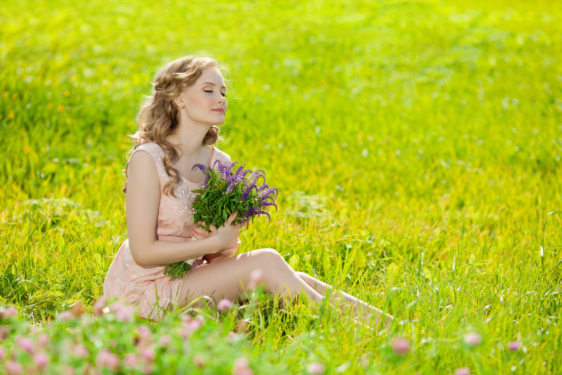 girl blonde the field bouquet flower grass