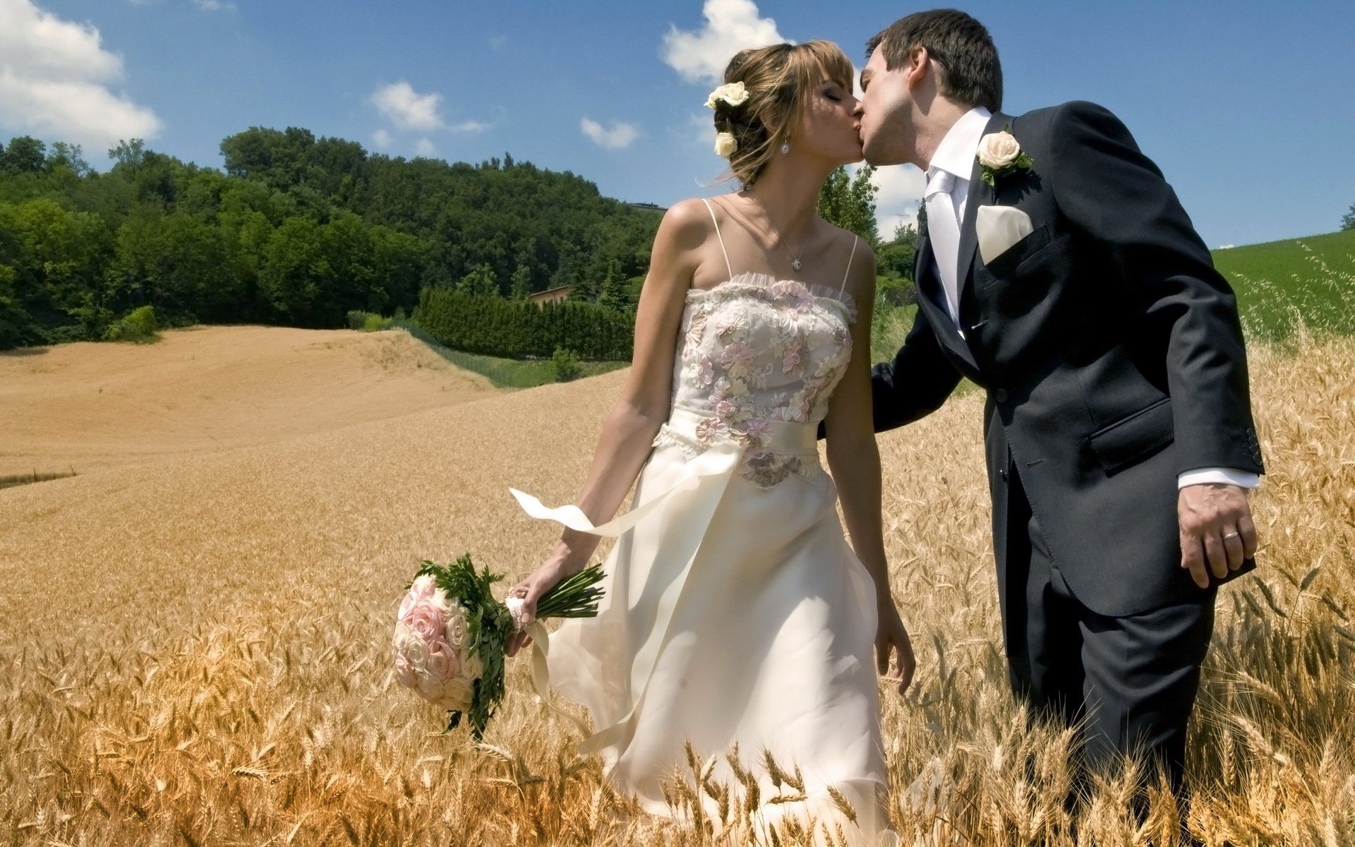 two love wedding the pair groom bride the field kiss