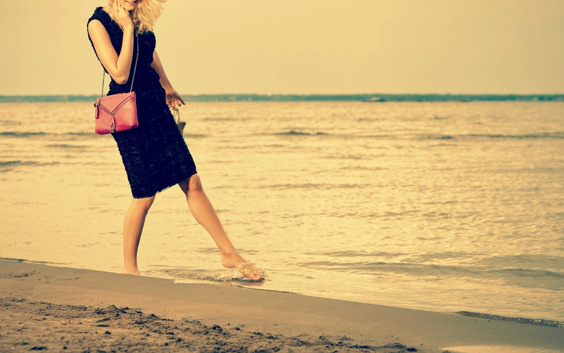 mood girl smile blonde hair dress bag handbag beach sand sea water wave foot happiness background wallpaper widescreen full screen hd wallpapers
