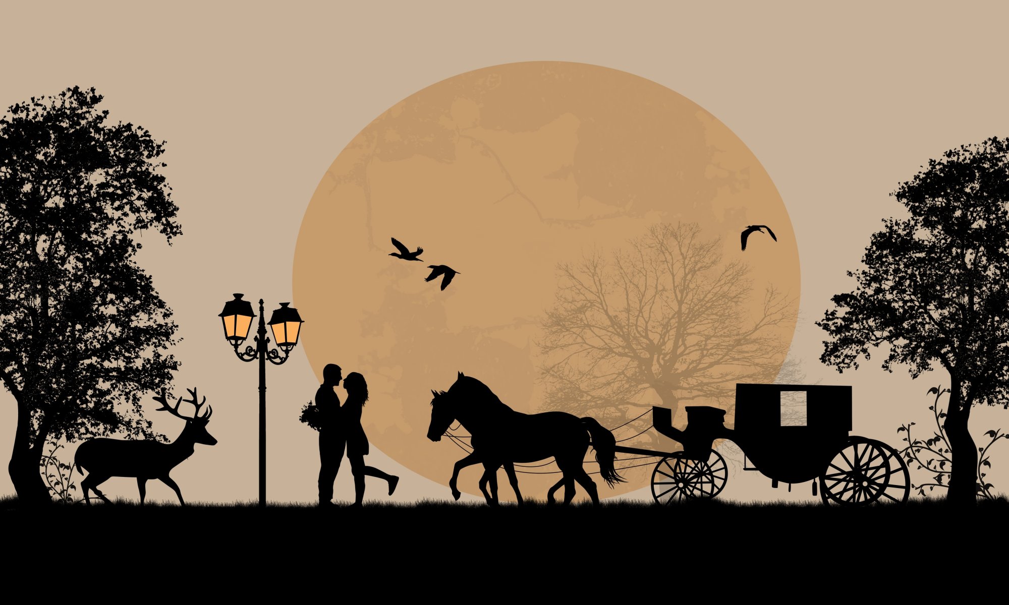 love romance couple trees birds cart horse full moon deer the pair tree wagon reindeer
