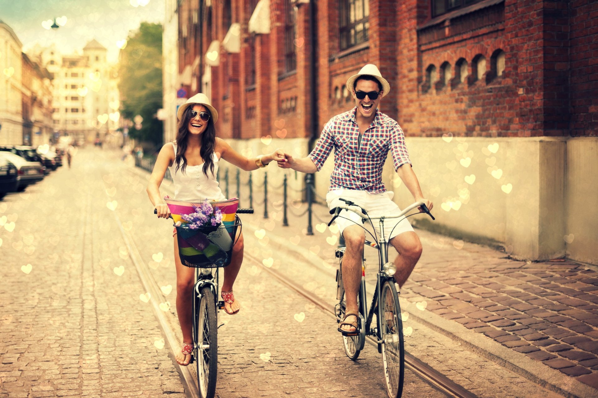 mood guy girl hat sunglasses shopping flower flowers hands street town smile positive happiness background wallpaper widescreen full screen hd wallpapers fullscreen