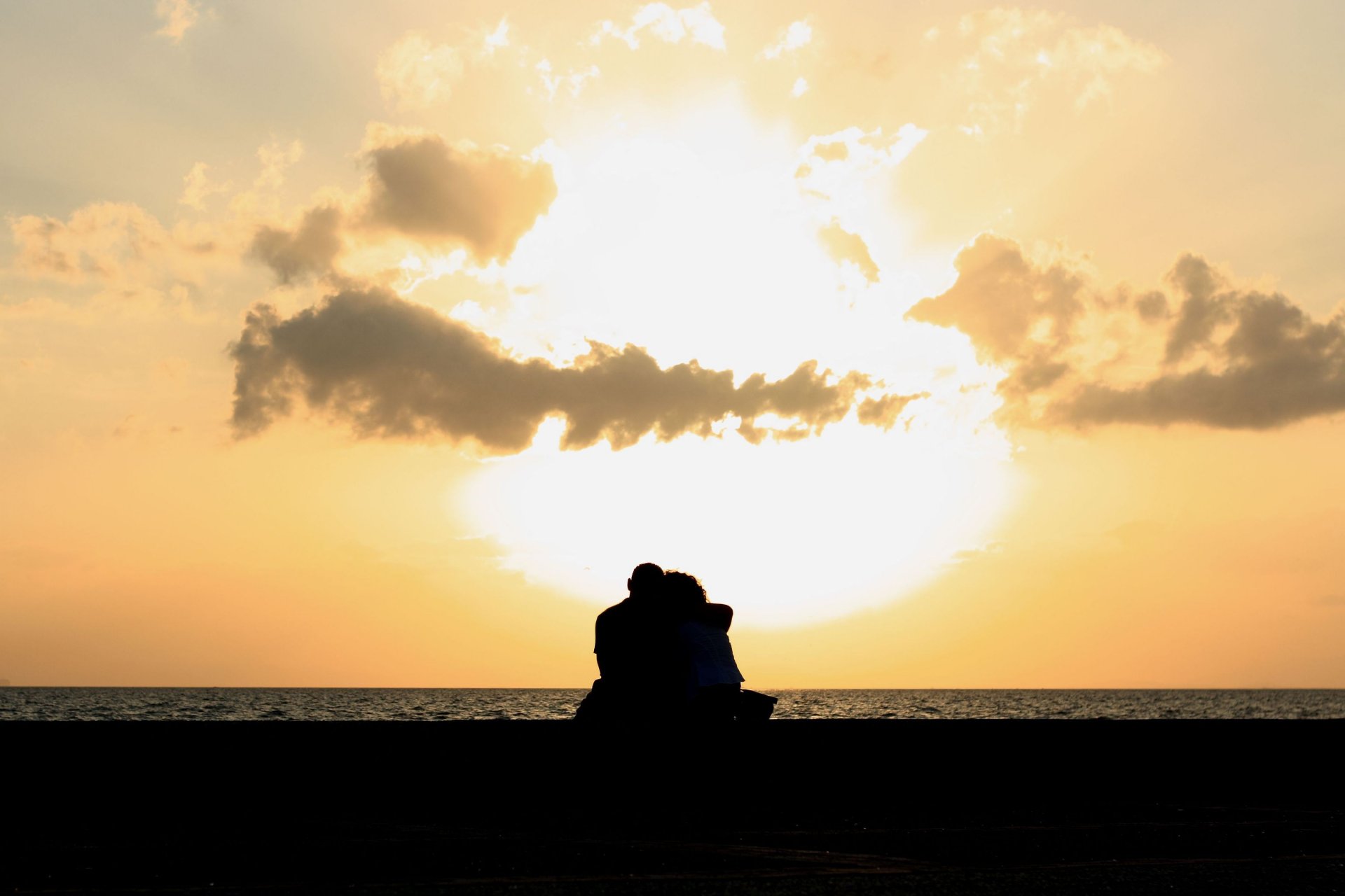 mood girl guy men a woman the pair couple hug love feelings silhouettes sea river water sky clouds background wallpaper widescreen full screen hd wallpapers
