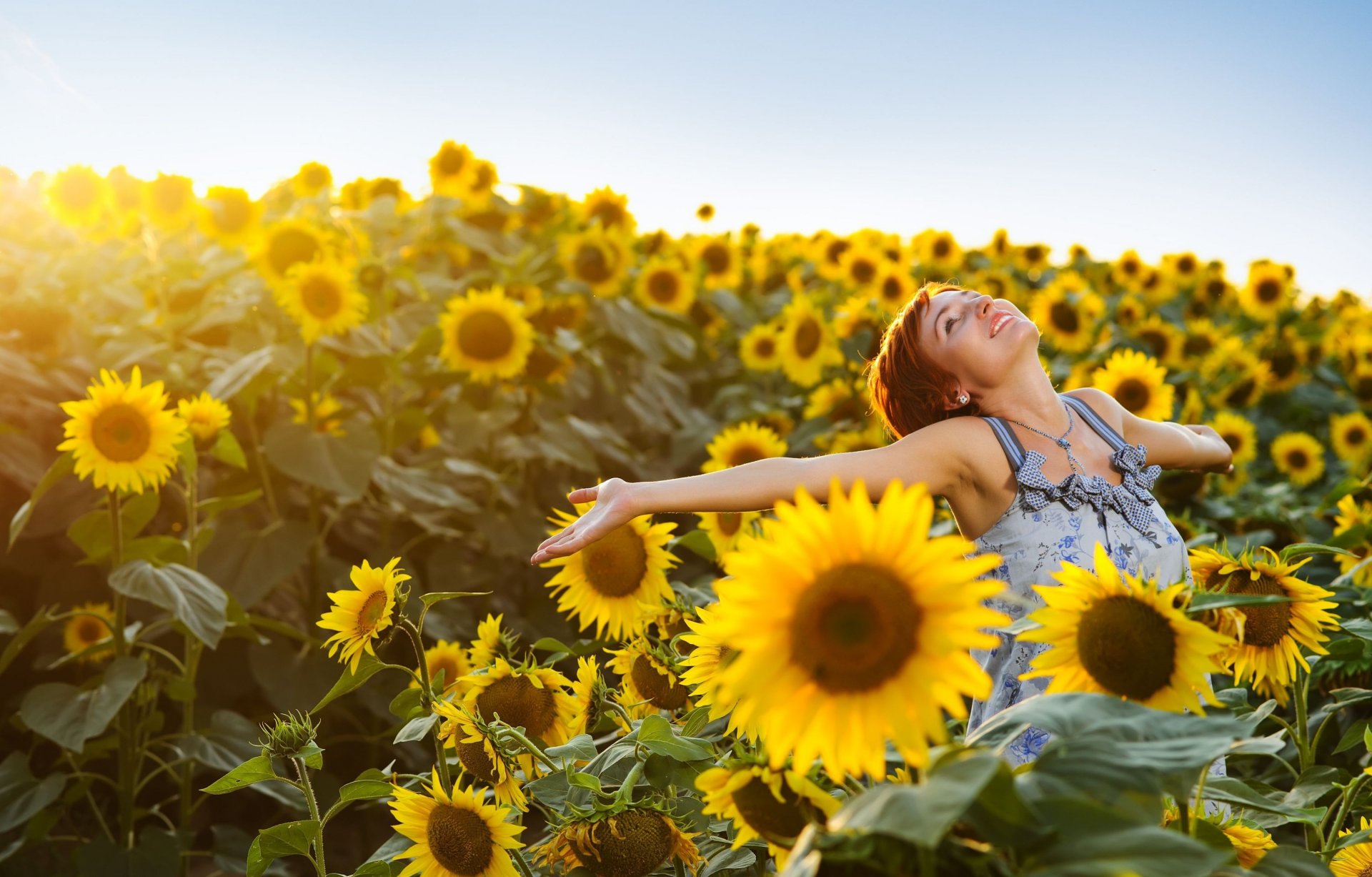 mood girl smile positive happiness hands the field flower flowers sunflower sunflowers yellow background sky wallpaper widescreen full screen hd wallpapers fullscreen
