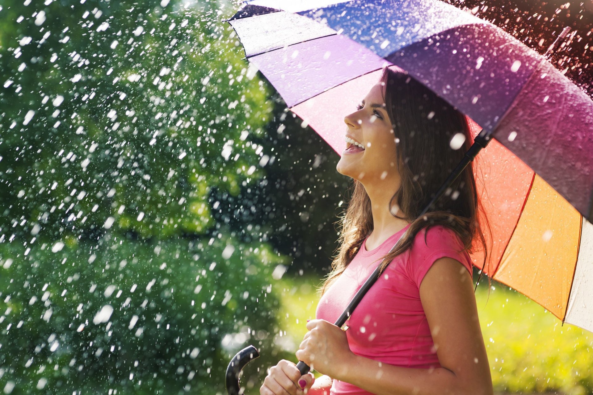mood girl brunette smile happiness positive umbrella rain summer background wallpaper widescreen full screen hd wallpapers fullscreen