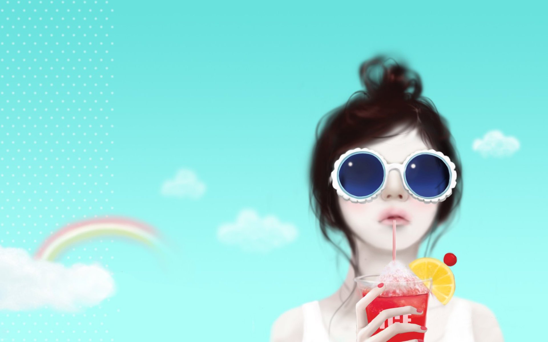 enakei girl thoughtful sunglasses tube cocktail lemon sky rainbow clouds