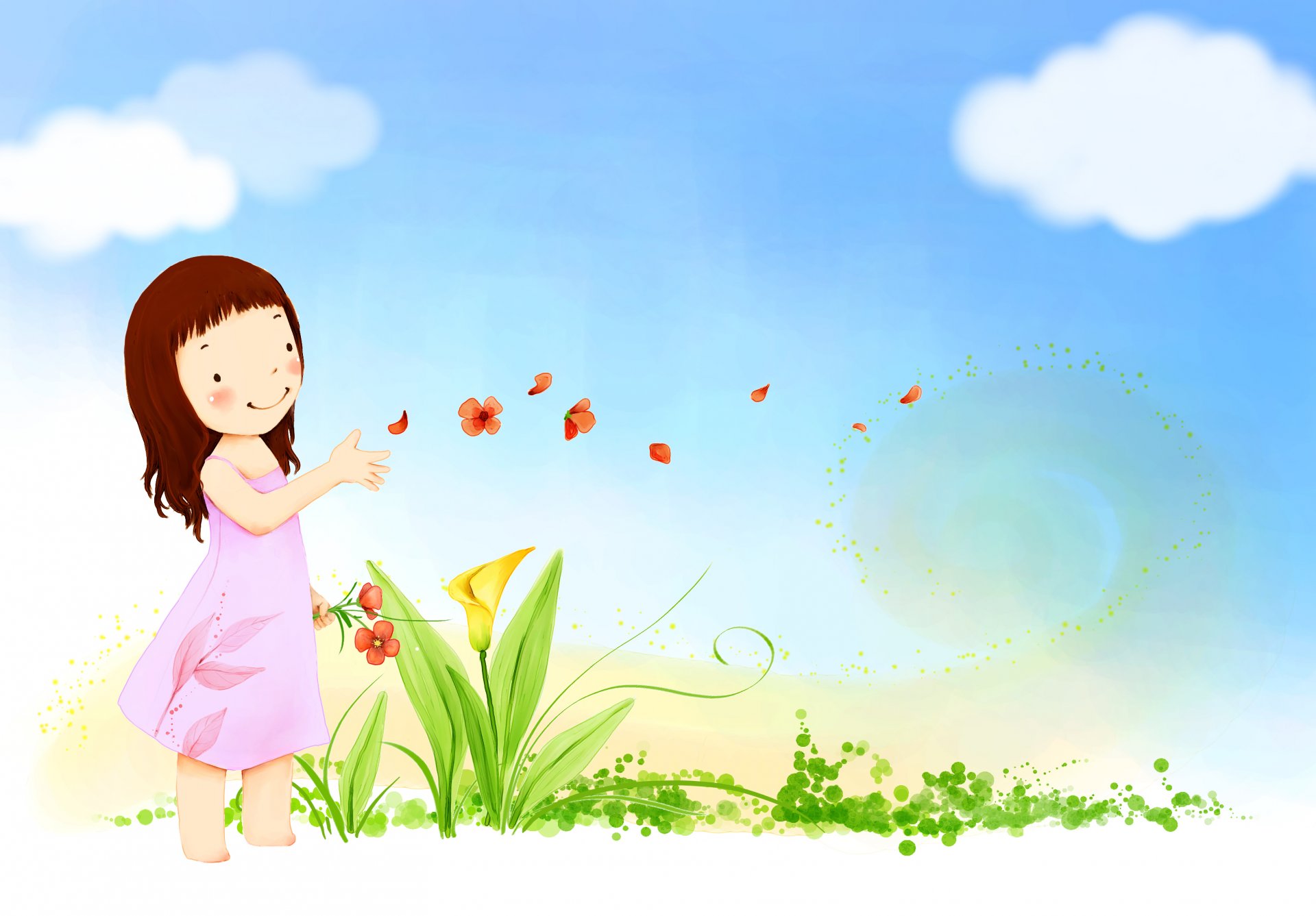children's wallpaper girl smile dress wind flower petals sky clouds