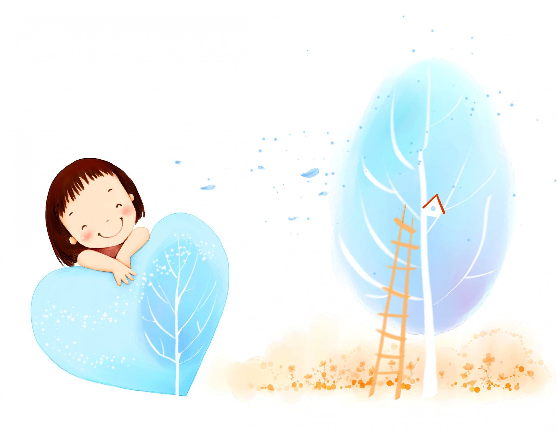 children's wallpaper girl smile tree starling foliage wind ladder heart