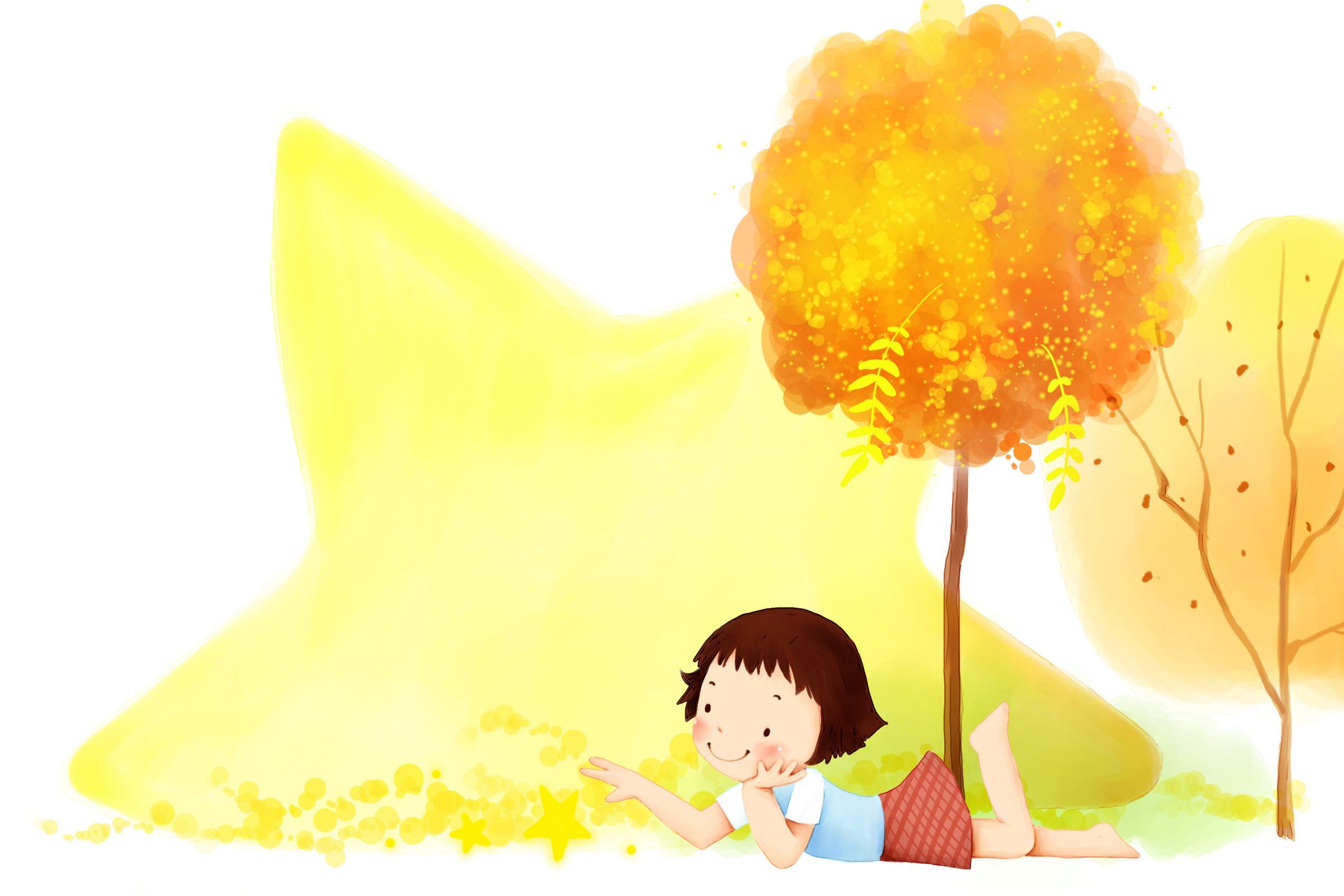 children's wallpaper girl smile autumn foliage tree star