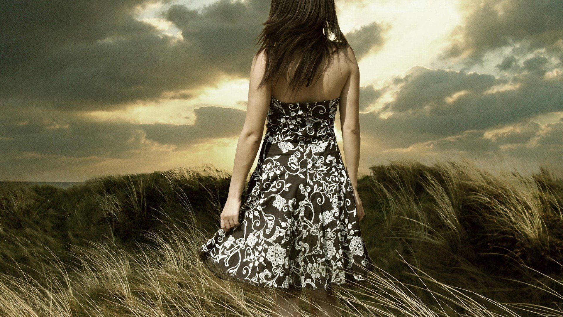 mood girl dress brunette nature sky clouds