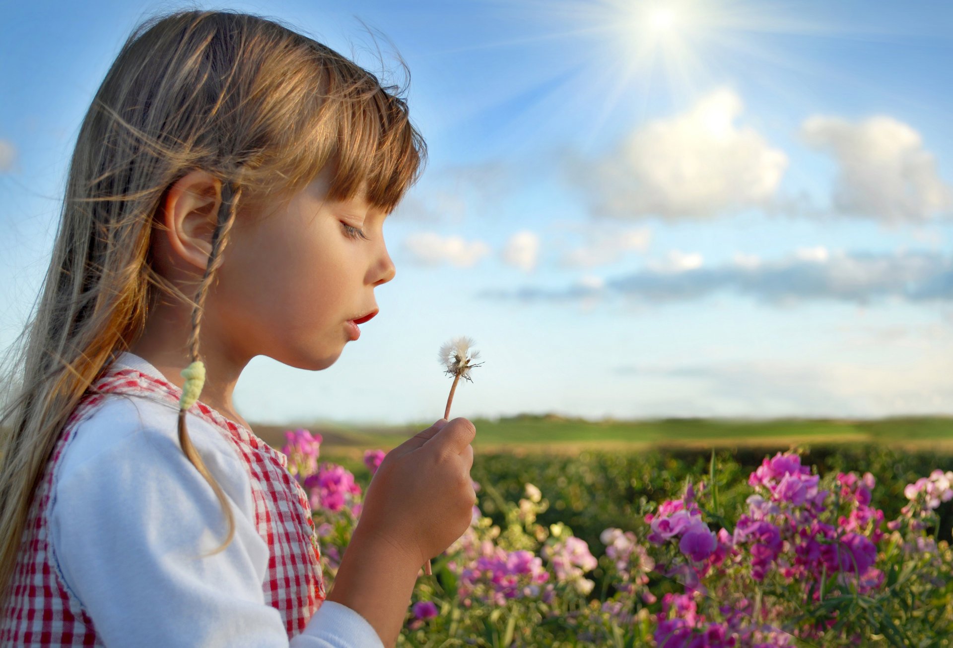 little girl cute beautiful summer roses flowers happy happiness sky clouds children child childhood nature girls flower