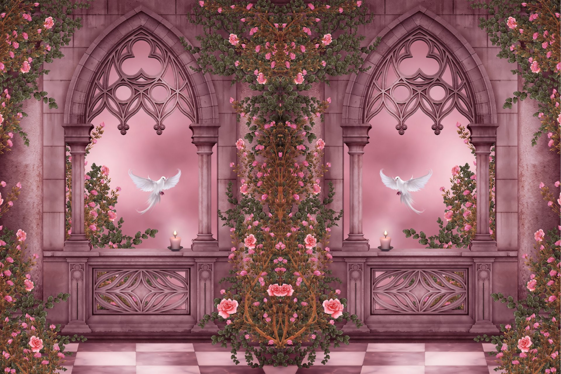 rose garden columns pigeons doves arches roses flowers garlands candles column blue triomphe window flower garland