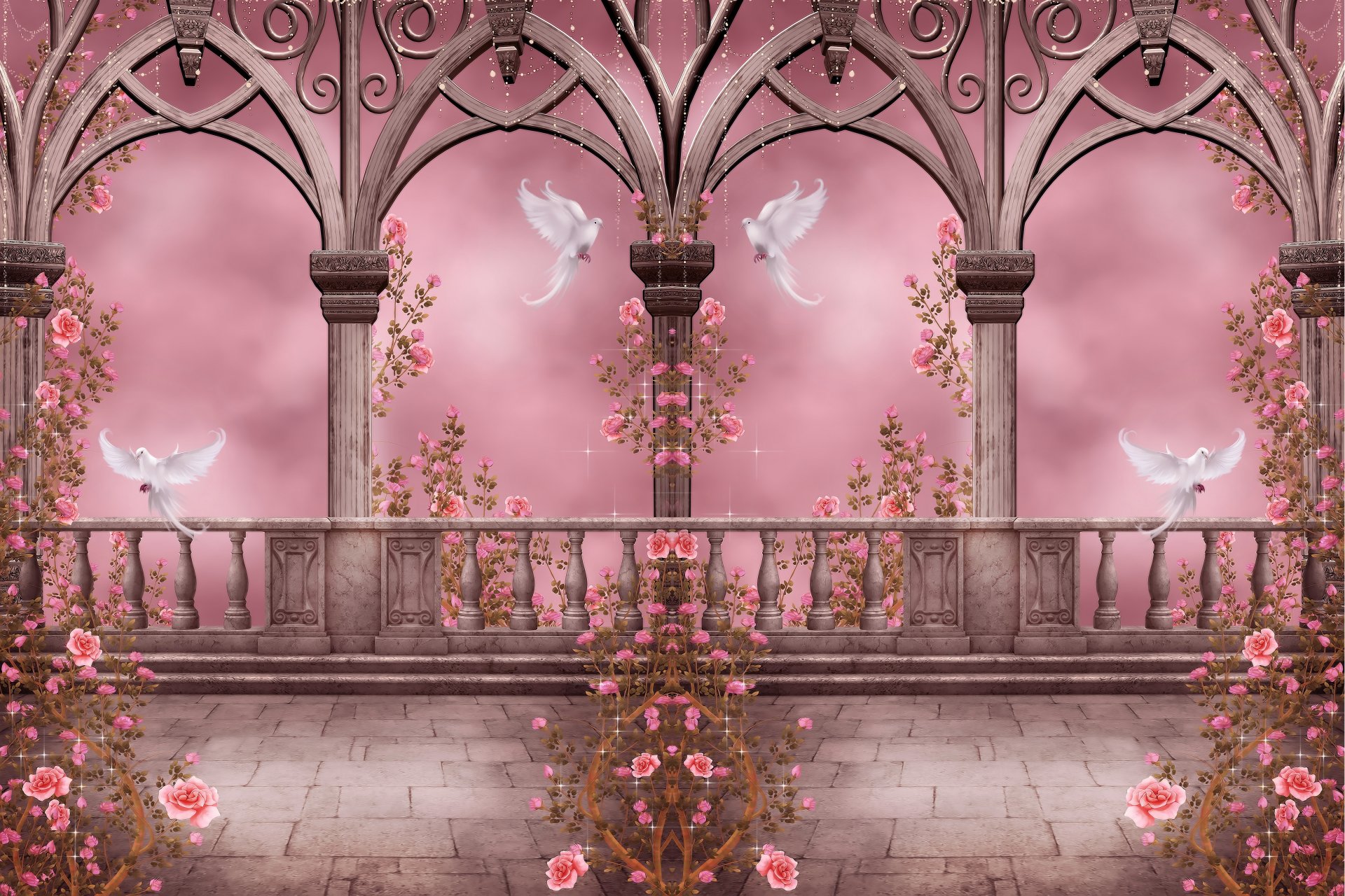 rose garden columns pigeons doves arches roses flowers garlands column blue triomphe flower garland