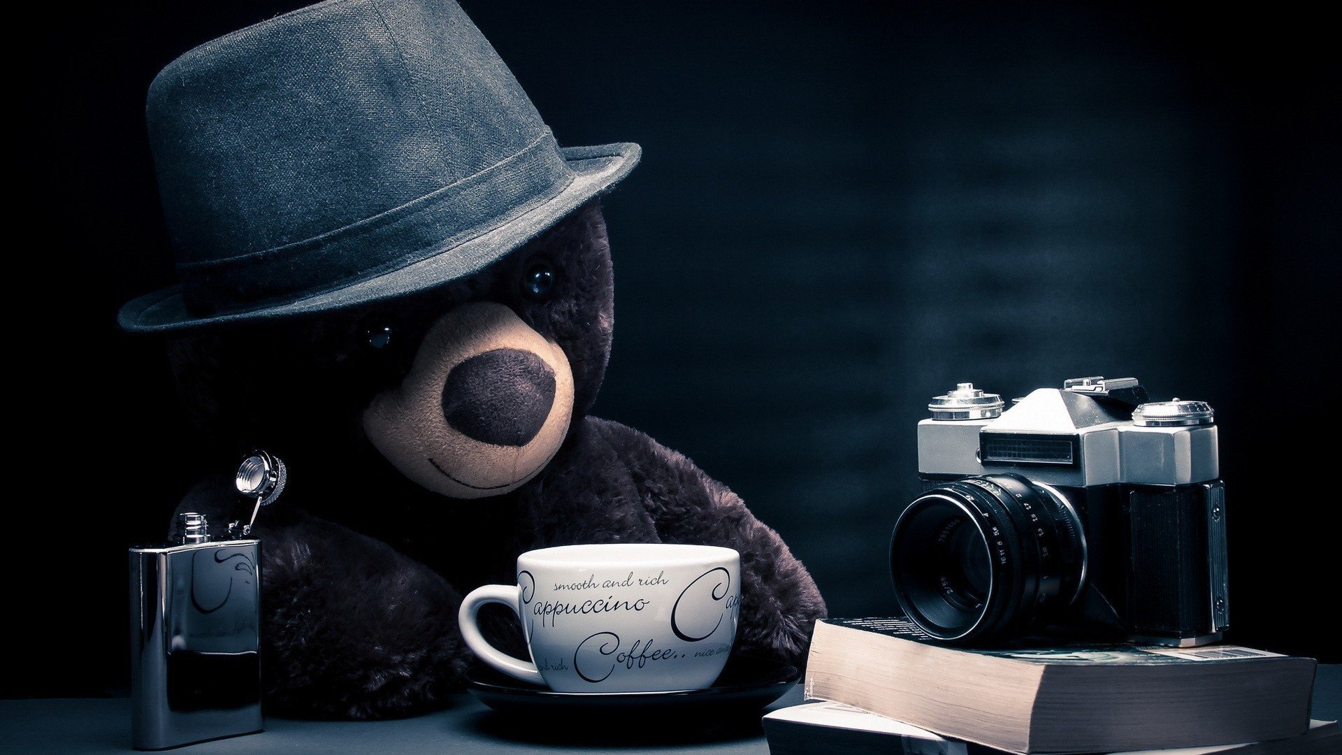 teddy bear books camera hat journalist cappuccino coffee table fantasy bear photographer nostalgic nostalgia location thoughtful blue background