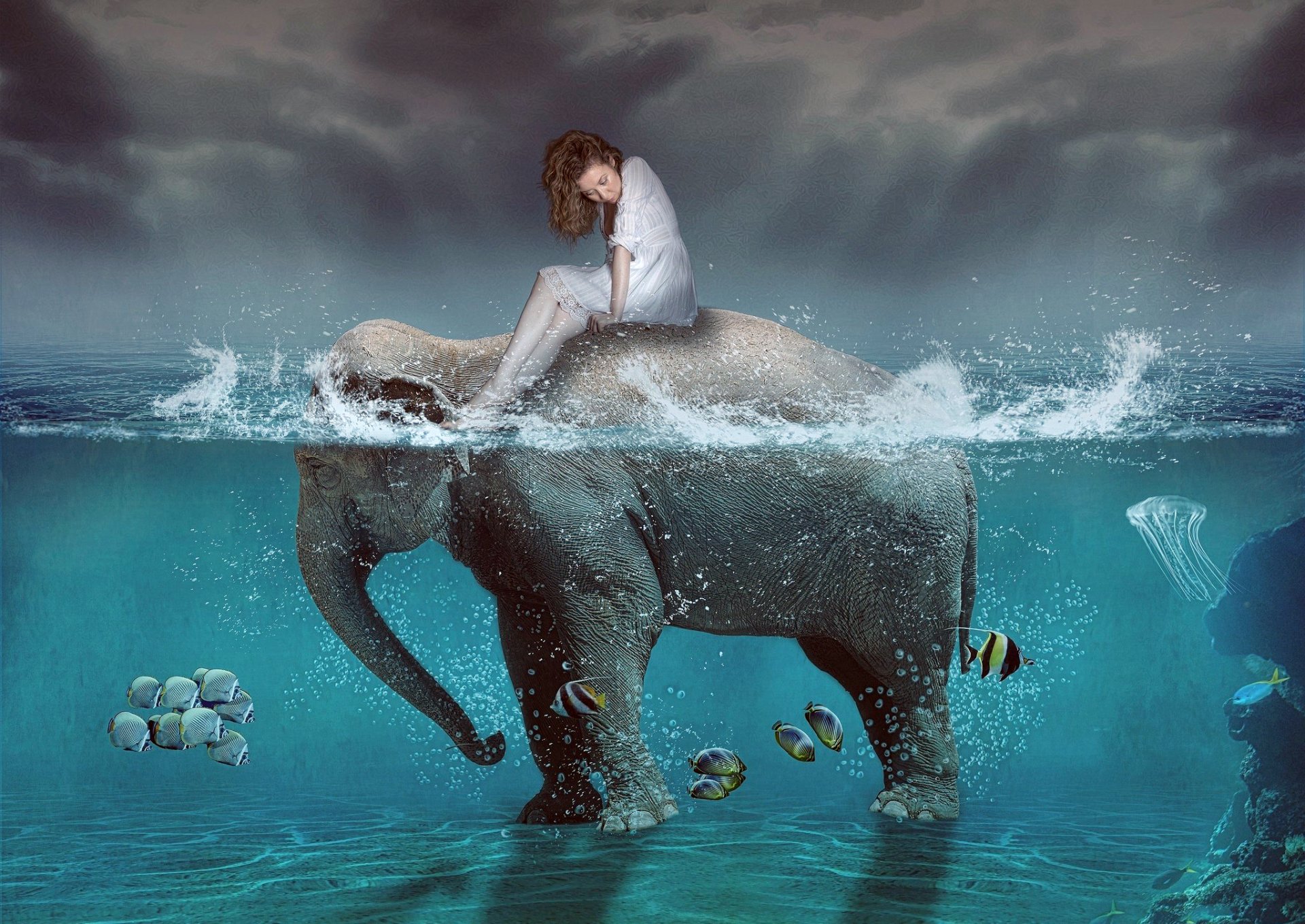 sea ocean water drops spray the bottom surface elephant trunk girl fish article medusa mood sky