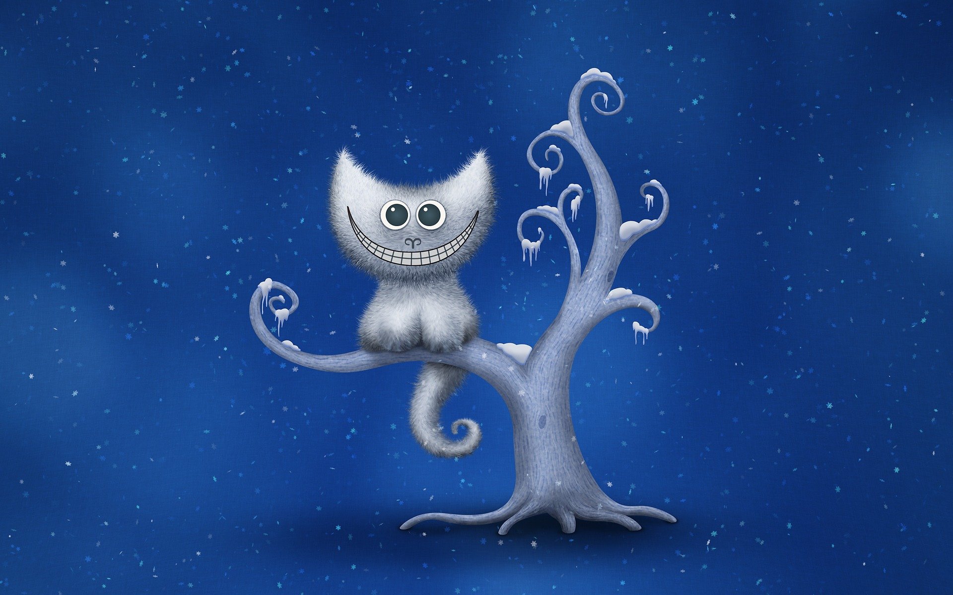 cheshire cat smile tree winter snowflakes