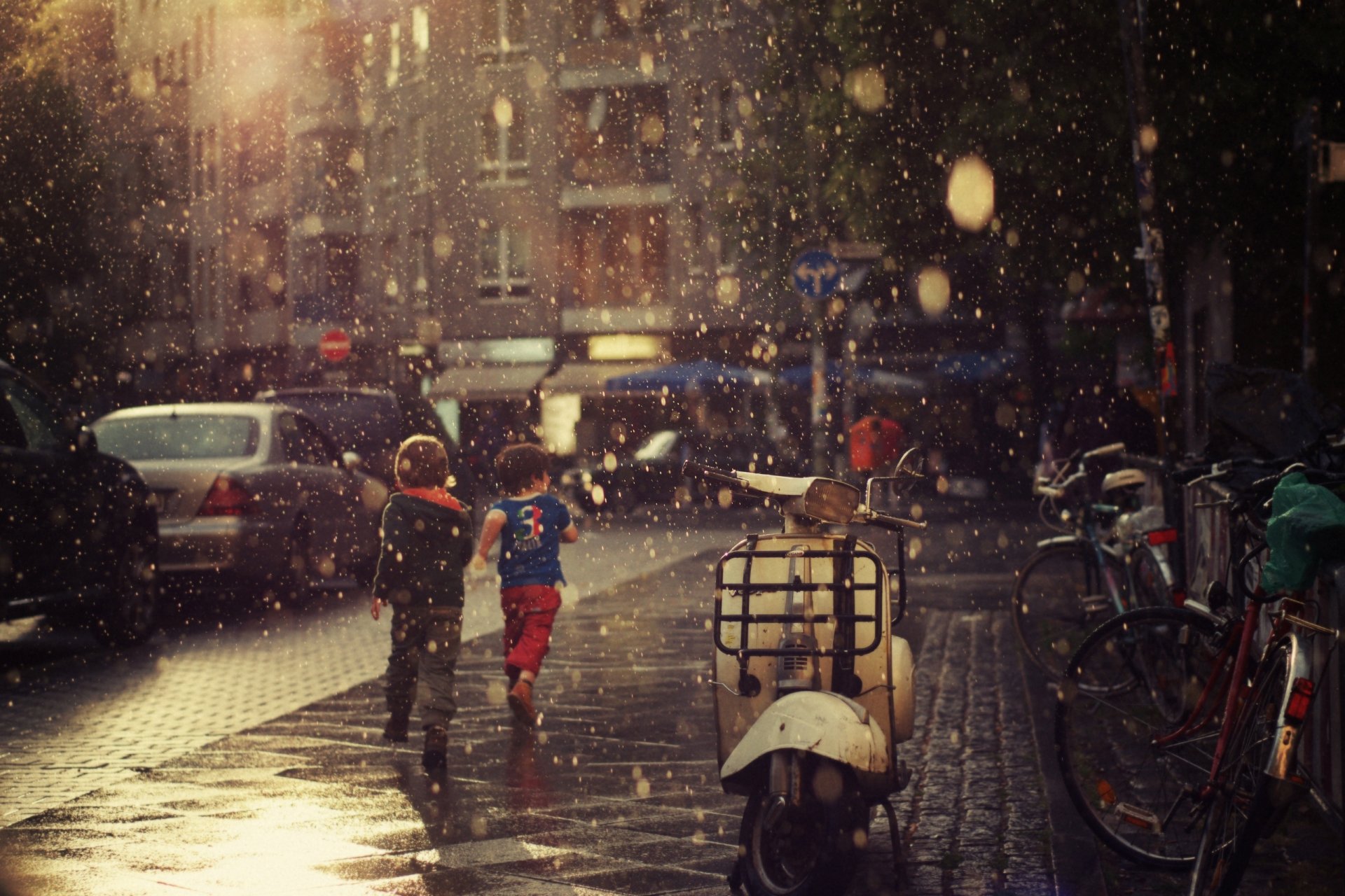 rain drops summer street asphalt road sidewalks children mood wallpaper wallpapers