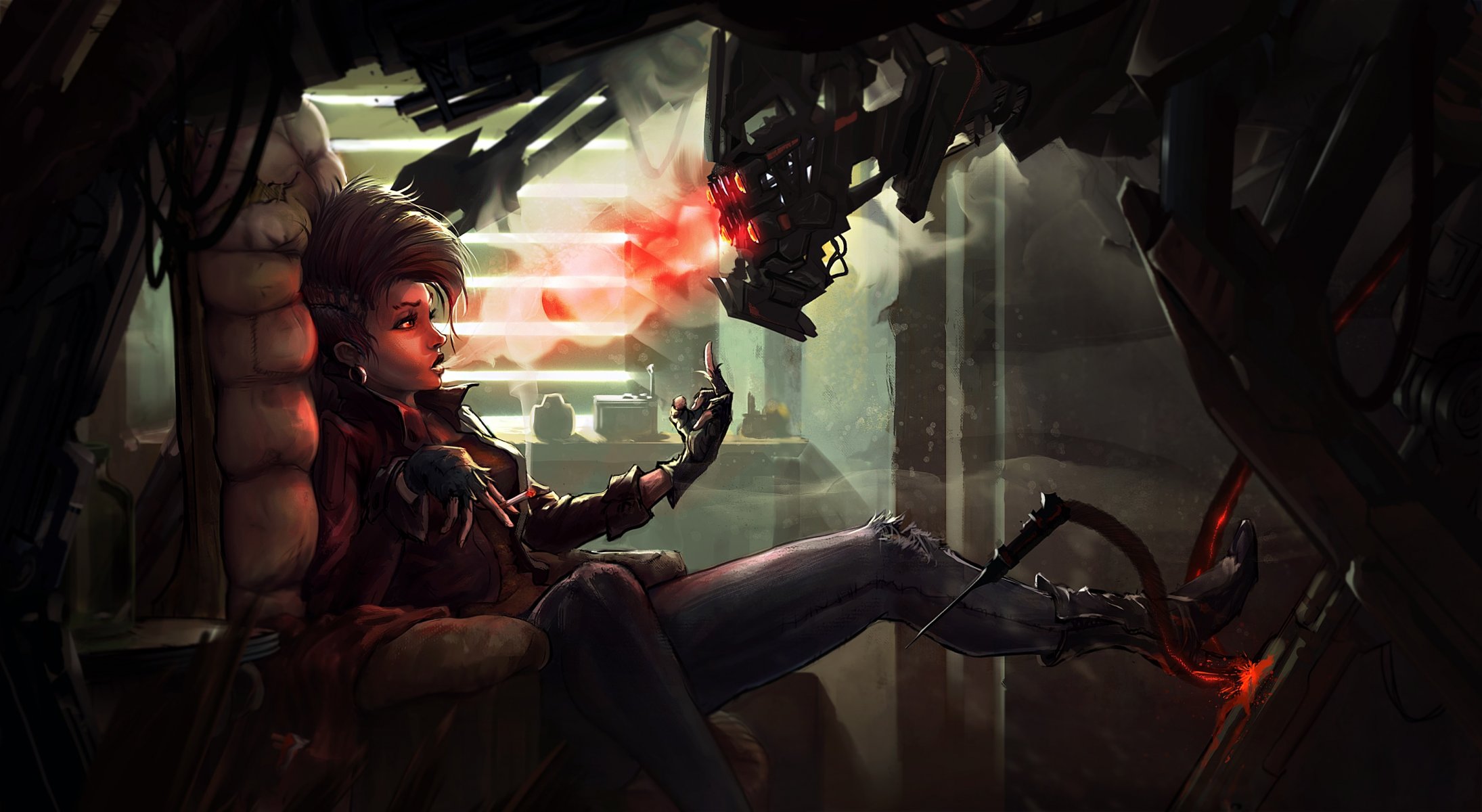 girl cigarette smoke robots fiction cyberpunk