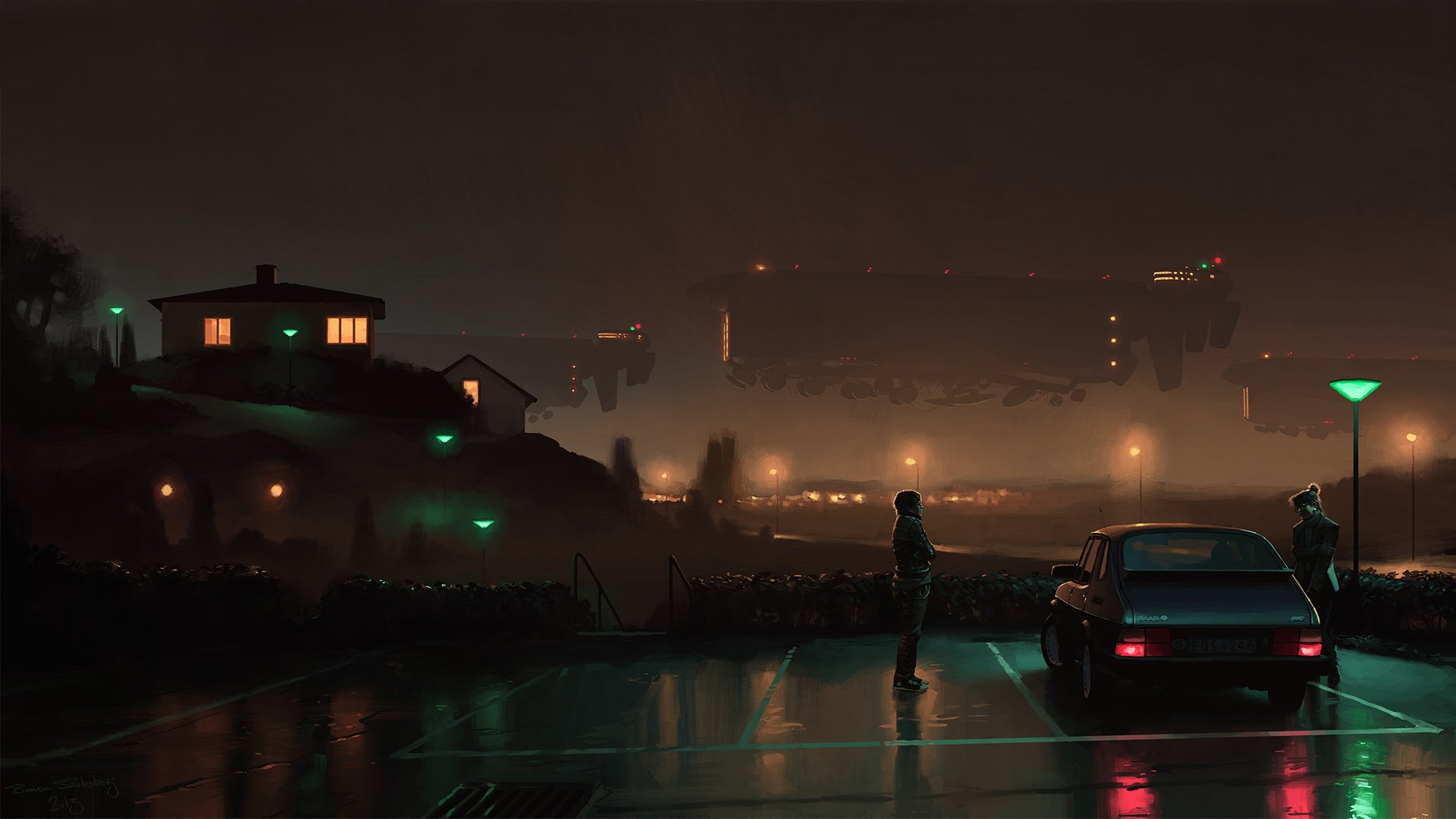 simon stålenhag simon stelenhag art fiction night lamps the pair guy girl car saab 900 parking house the city lights airships