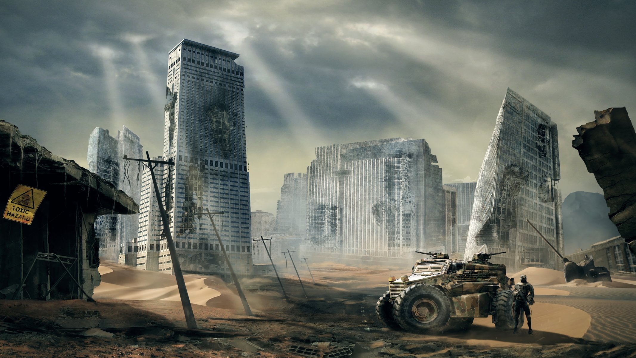 art town sand ruins abandonment post-apocalypse machine man gun lap