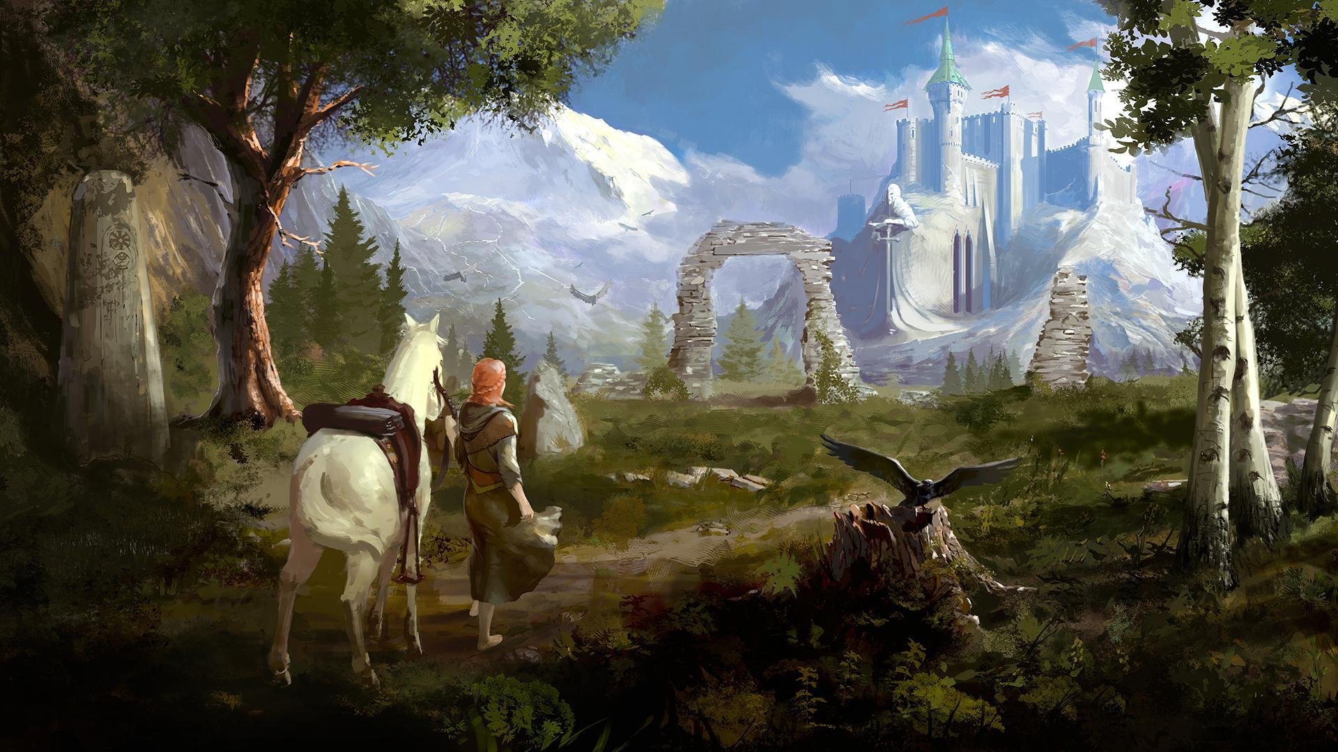 art landscape girl view horse birds tree green track mountain castle fortress