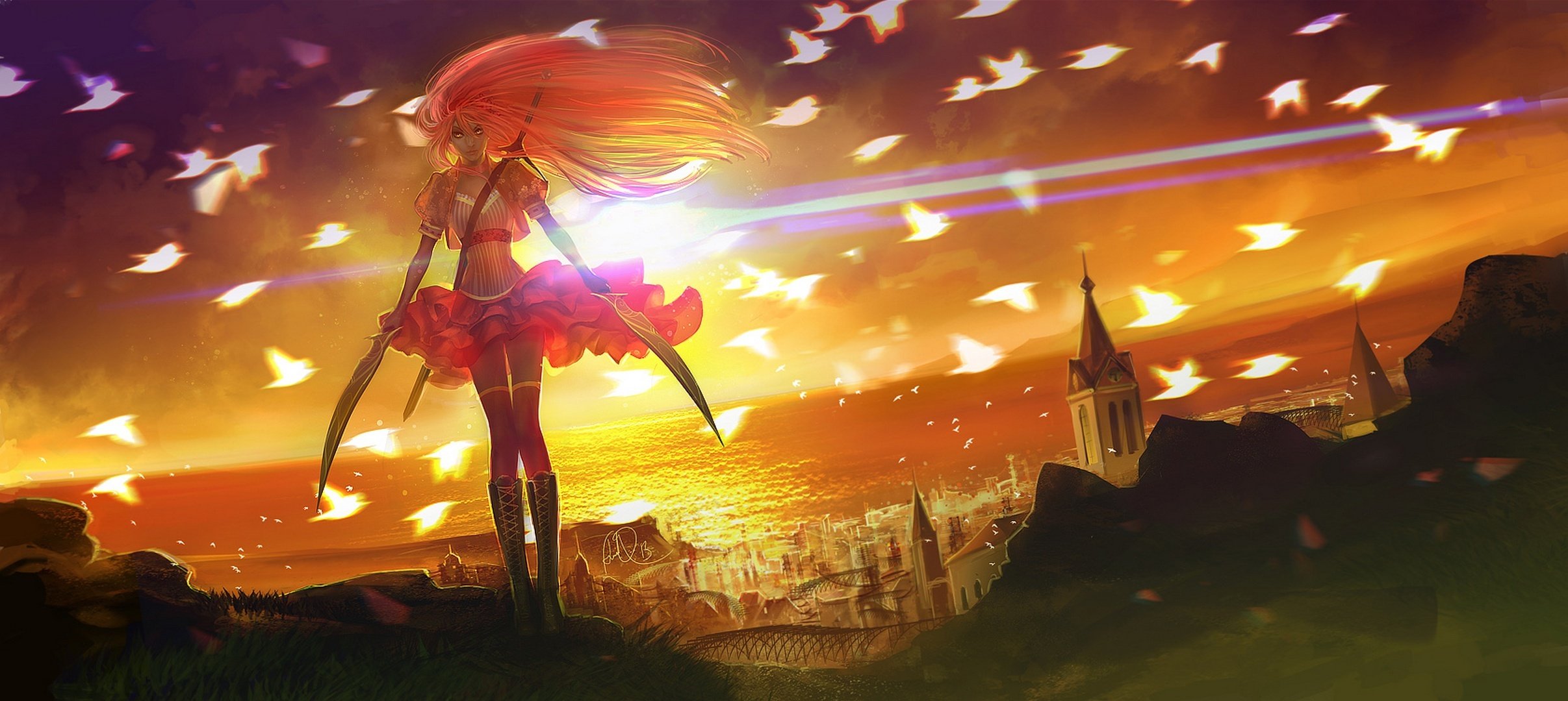 art anndr girl sunset weapon birds town sun ocean swords