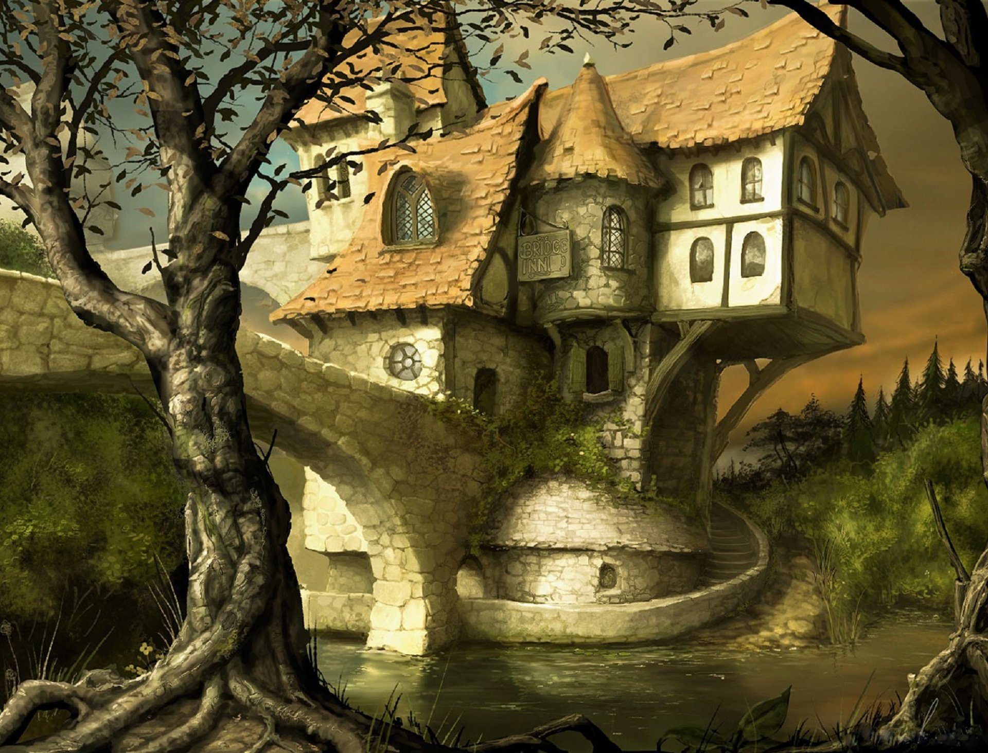 graphics fantasy worlds fabulous house castle light - brown background