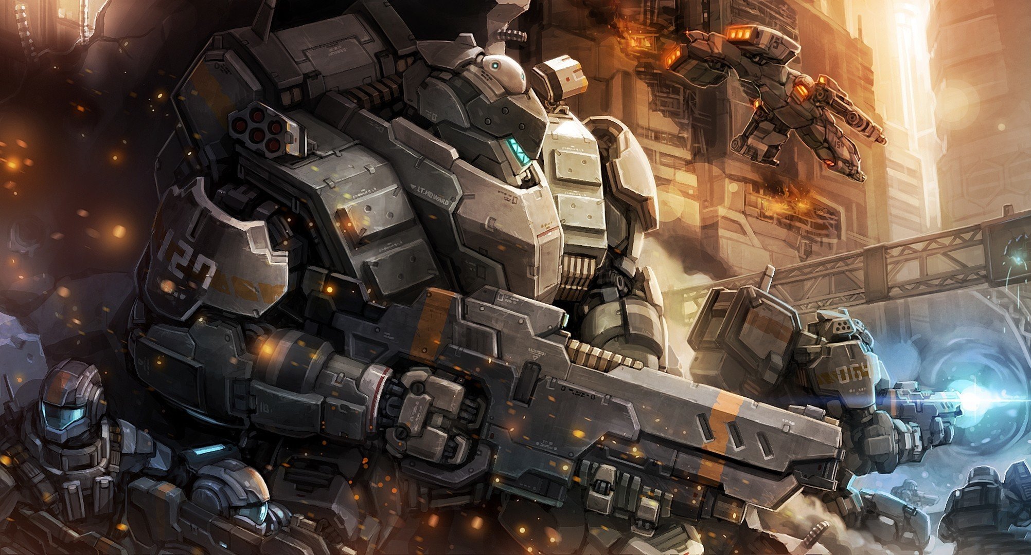 mecha robot war city battlefield fight man suit nanosuit weapon gun laser rifle assault rifle heavy weapon machine gun aircraft laser beam rocket launch flame fire spark