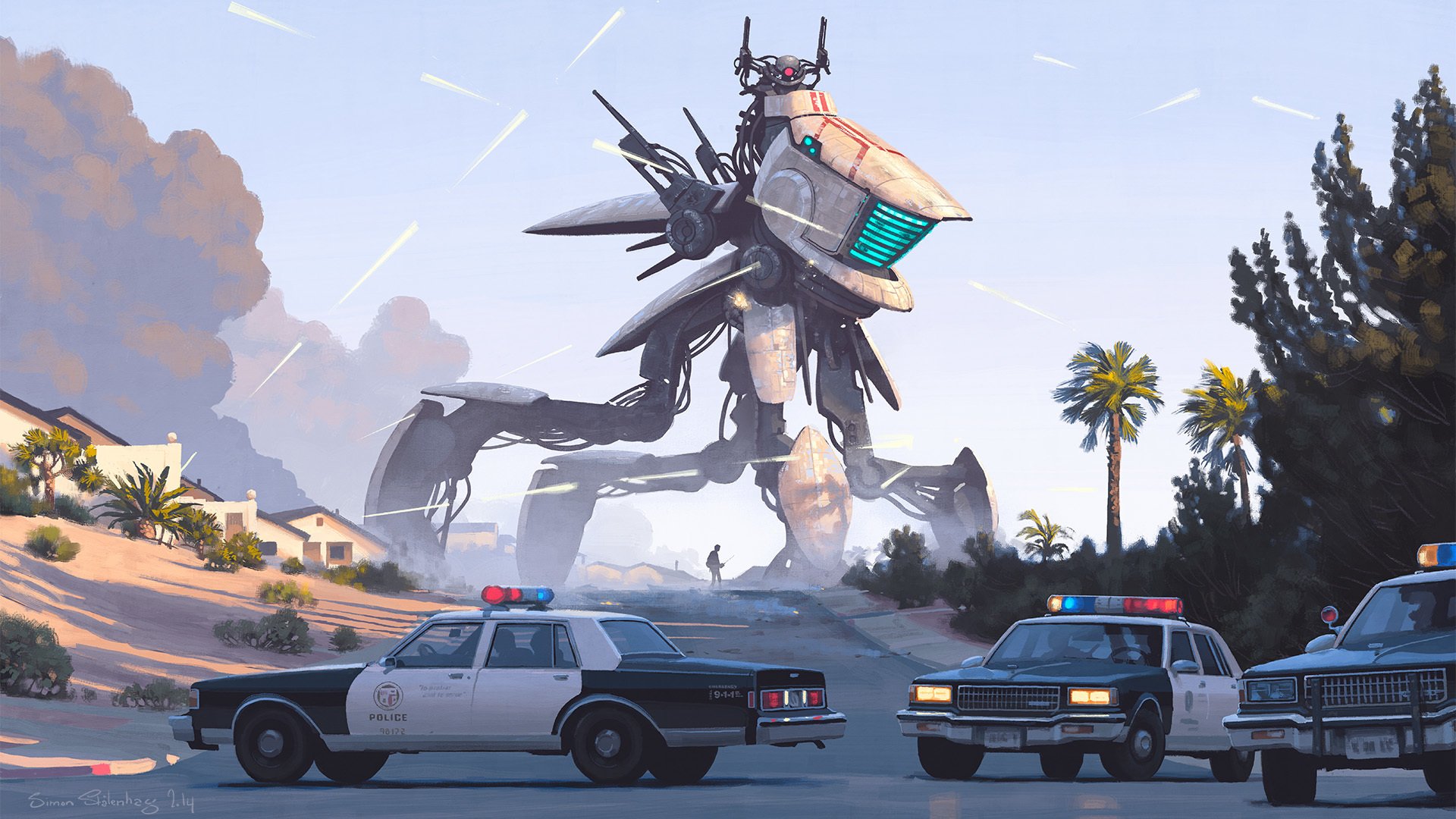 simon stålenhag simon stelenhag art fiction robots police shelling homes
