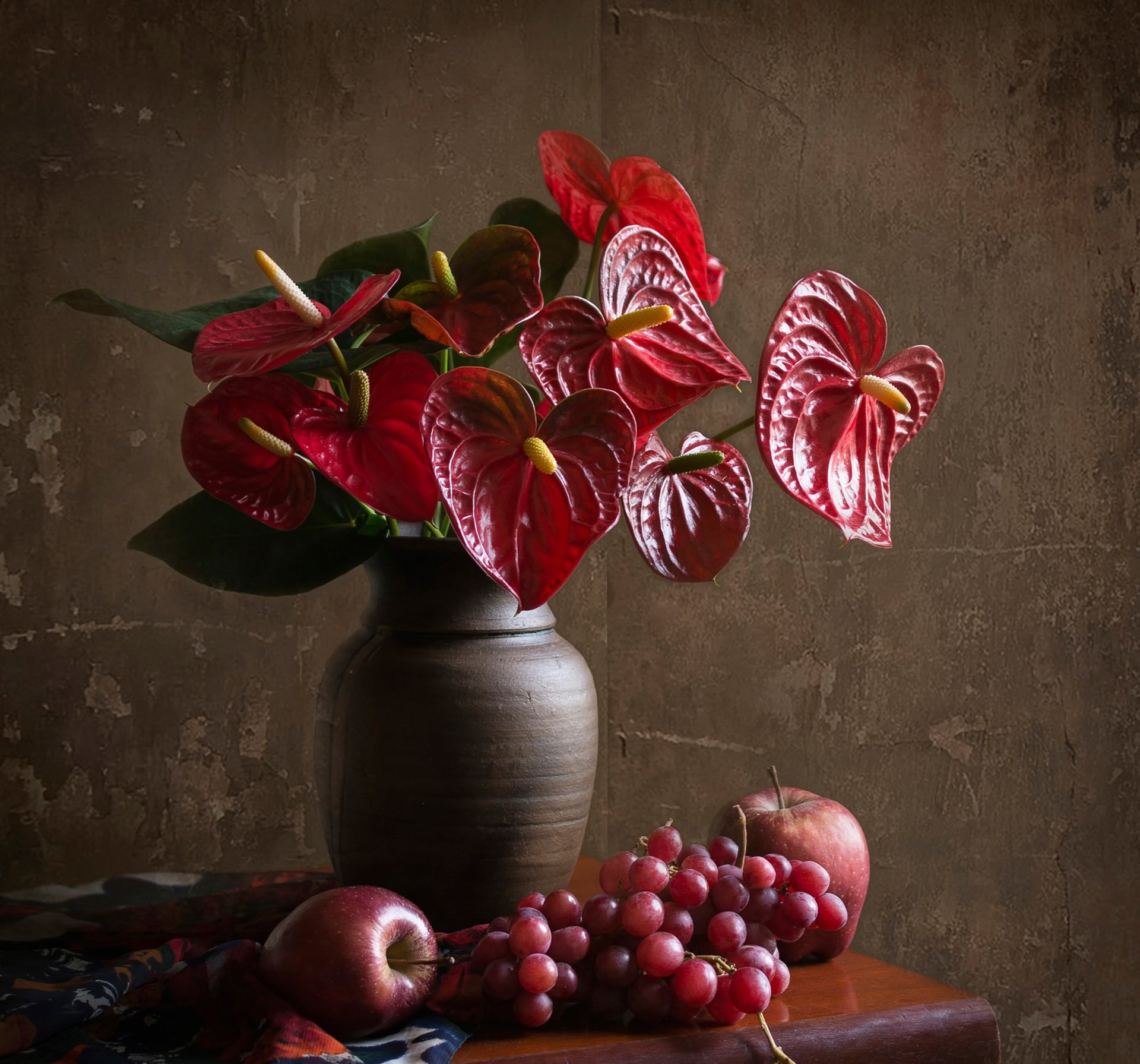 red composition still life fruits flower anthurium men's happiness