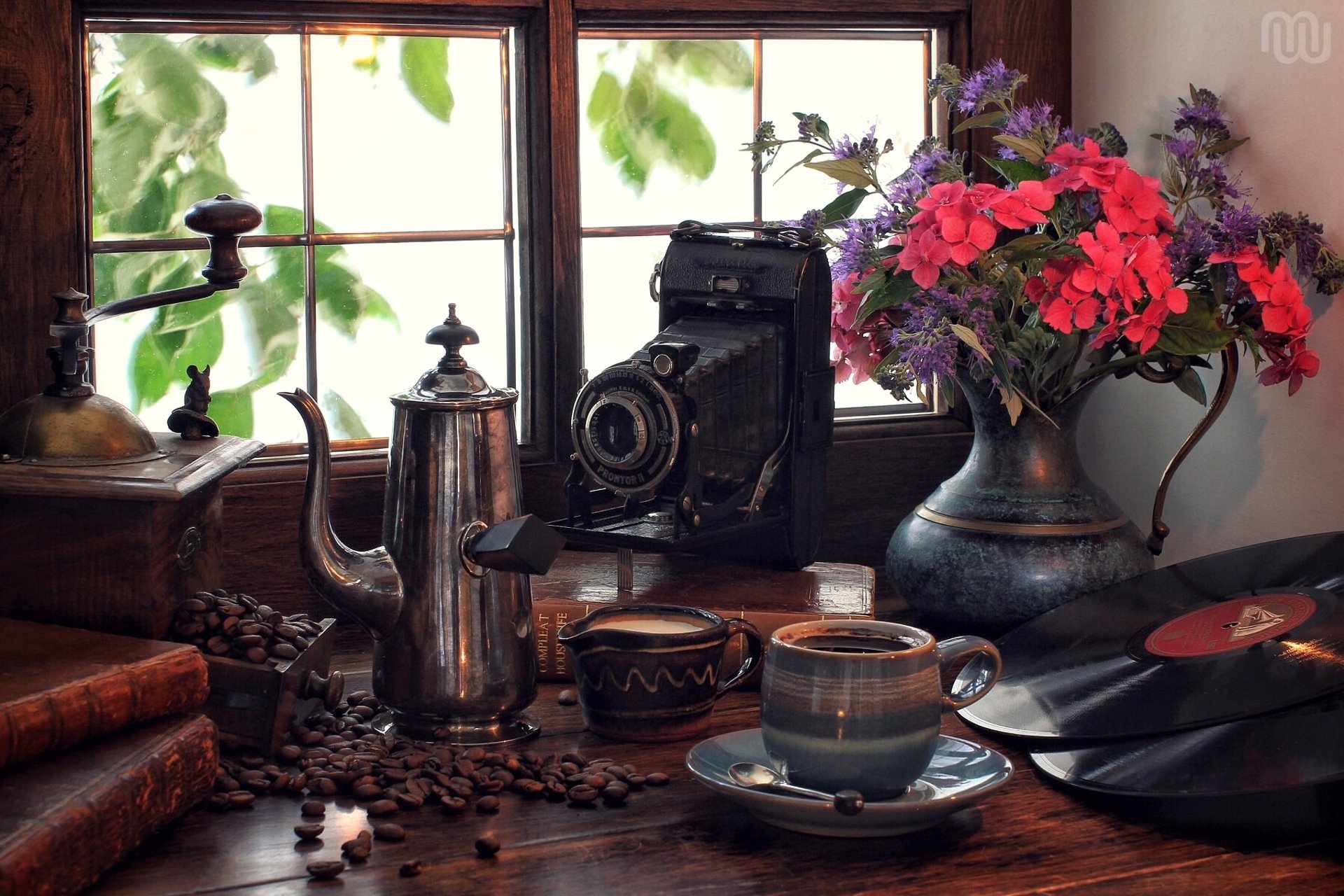 retro a camera coffee vinyl of the plate bouquet flower window still life books grinder