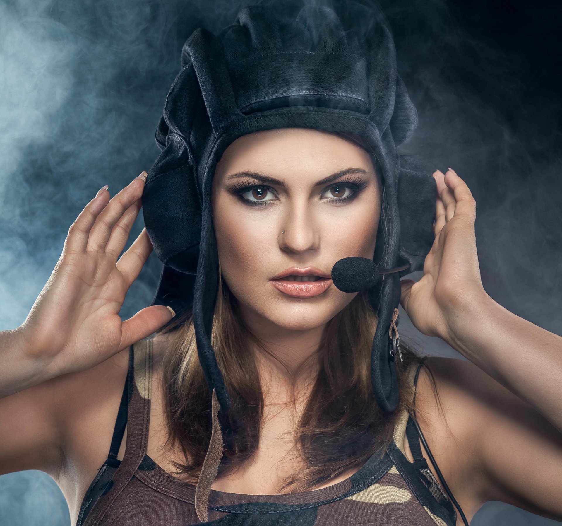 style military girl beautiful tanker tankoshlem headset intercom the device view target beautiful background smoke background wallpaper.