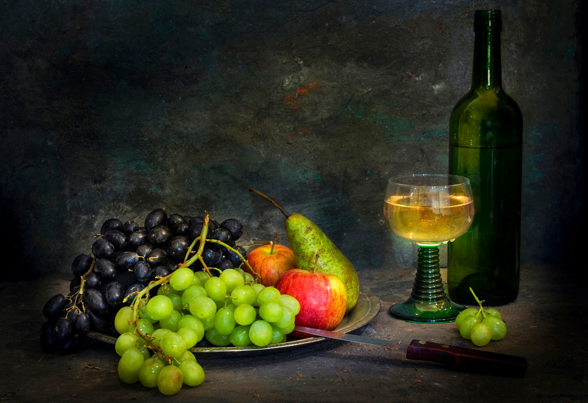 sweet wine flows a bottle white wine knife fruits still life
