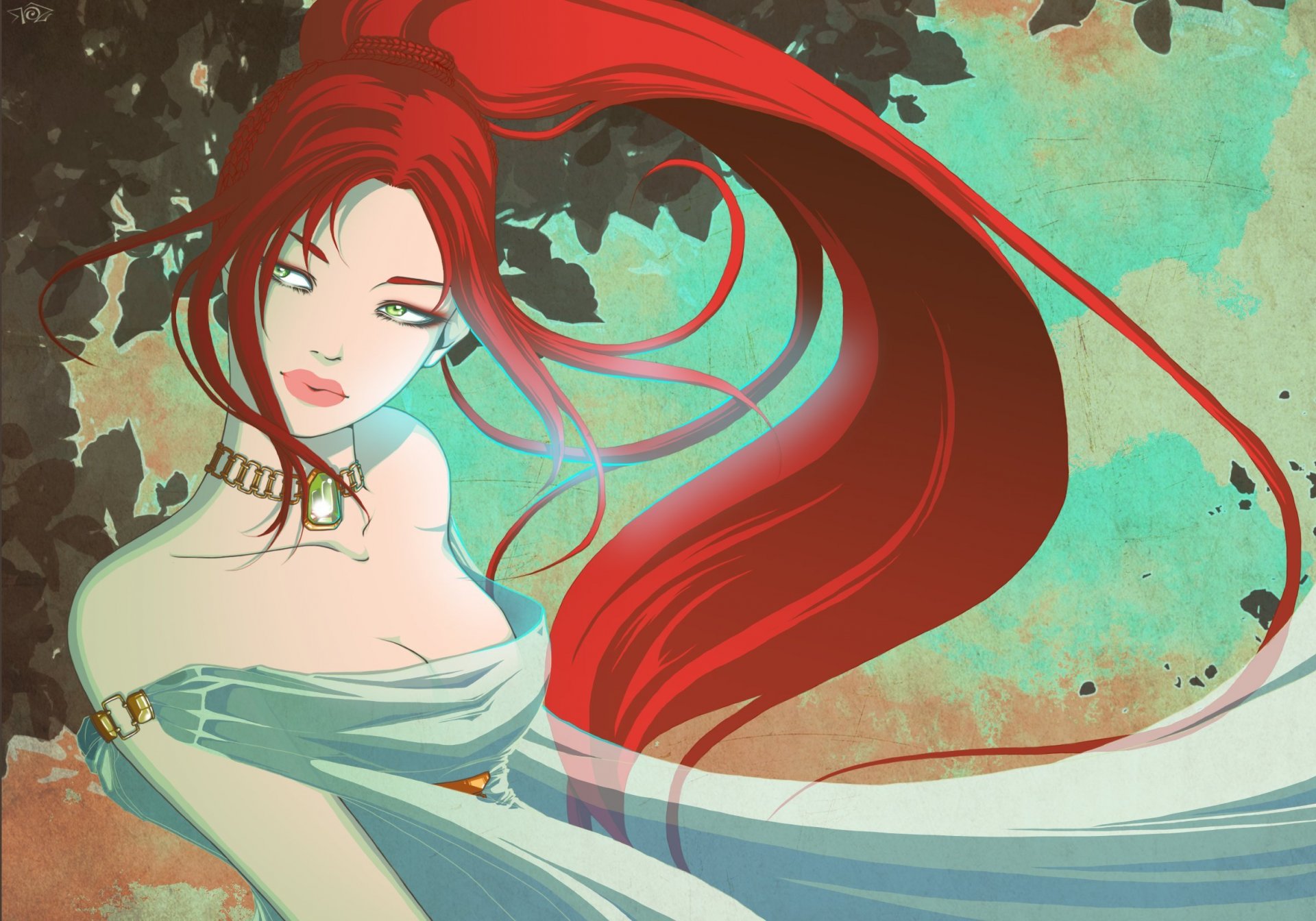 art girl red hair face view decoration dress trees . leaves