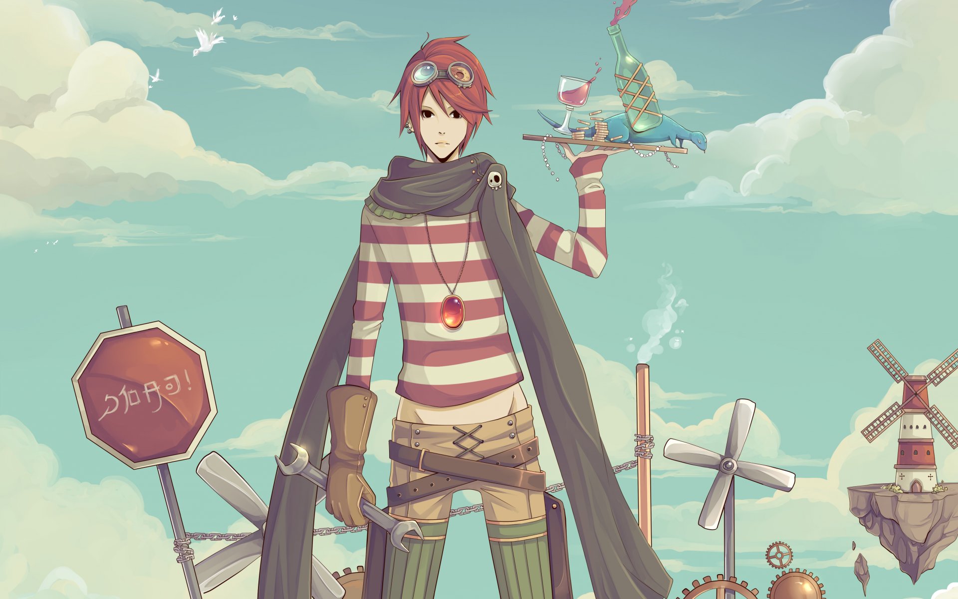 art gasara jun guy medallion sunglasses key glove mark tray a bottle glass coins money mill birds