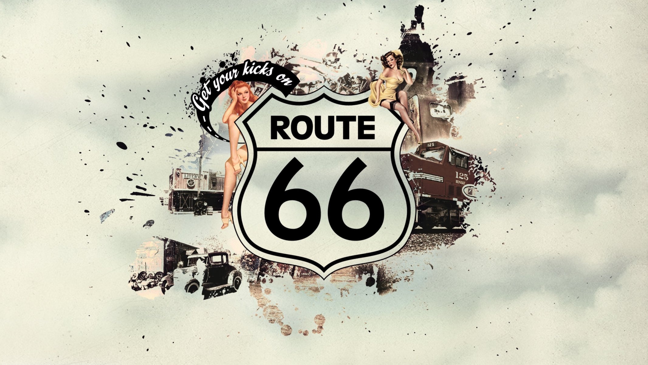 route 66 pin-up style picture girls train machine inscription patterns car lettering 2560x1440