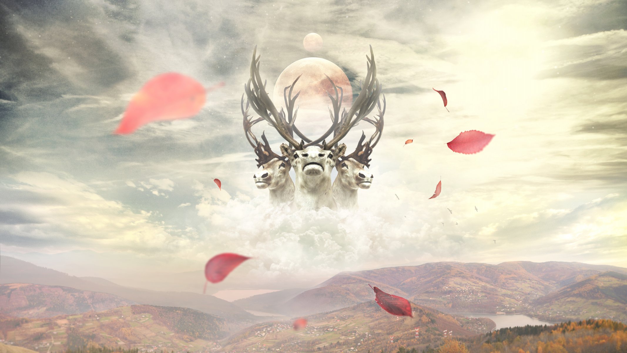 desktop wallpaper collage photo manipulation reindeer clouds mountain leaves