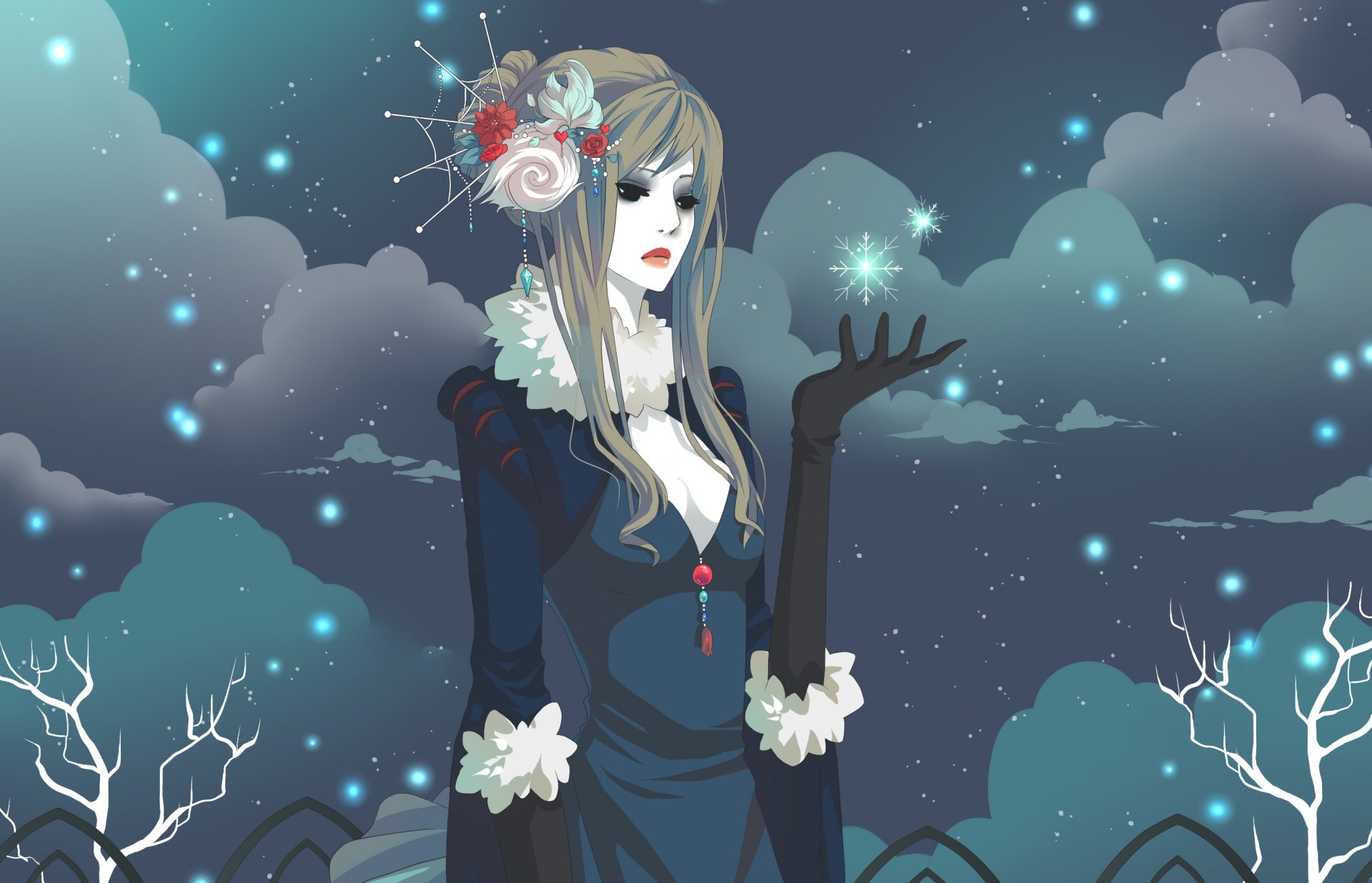 art gasara girl picture winter snowflakes clouds sadness