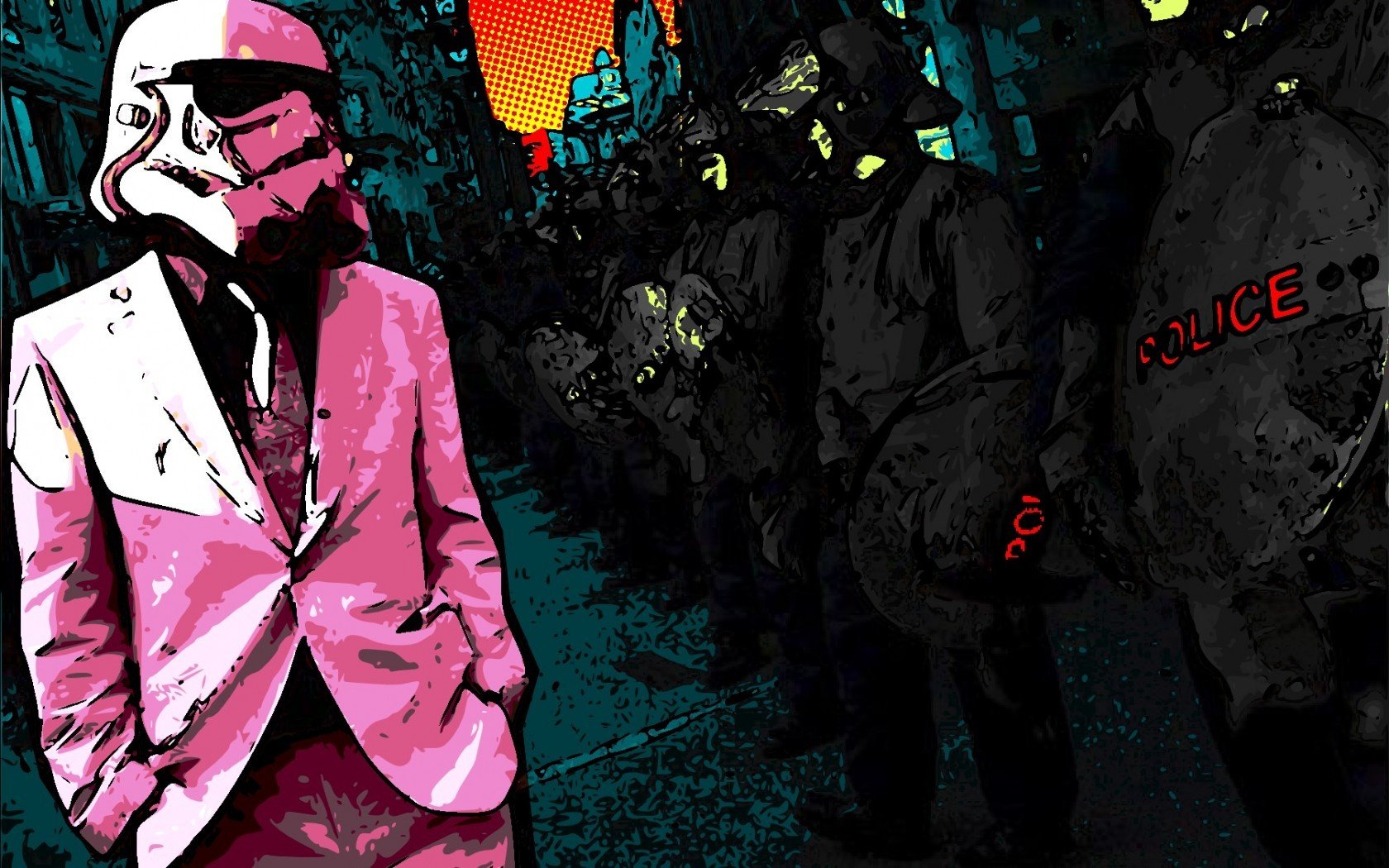 style brightness kitchen comics police a masked man pink suit