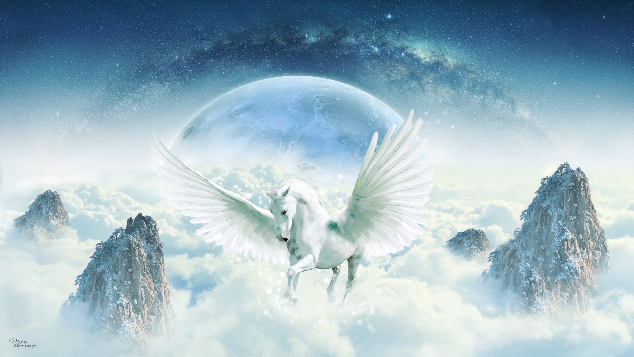 fantasy art fiction magic imagination horse pegasus wings wag cloud cover rock horizon sky space milky way star placer planet