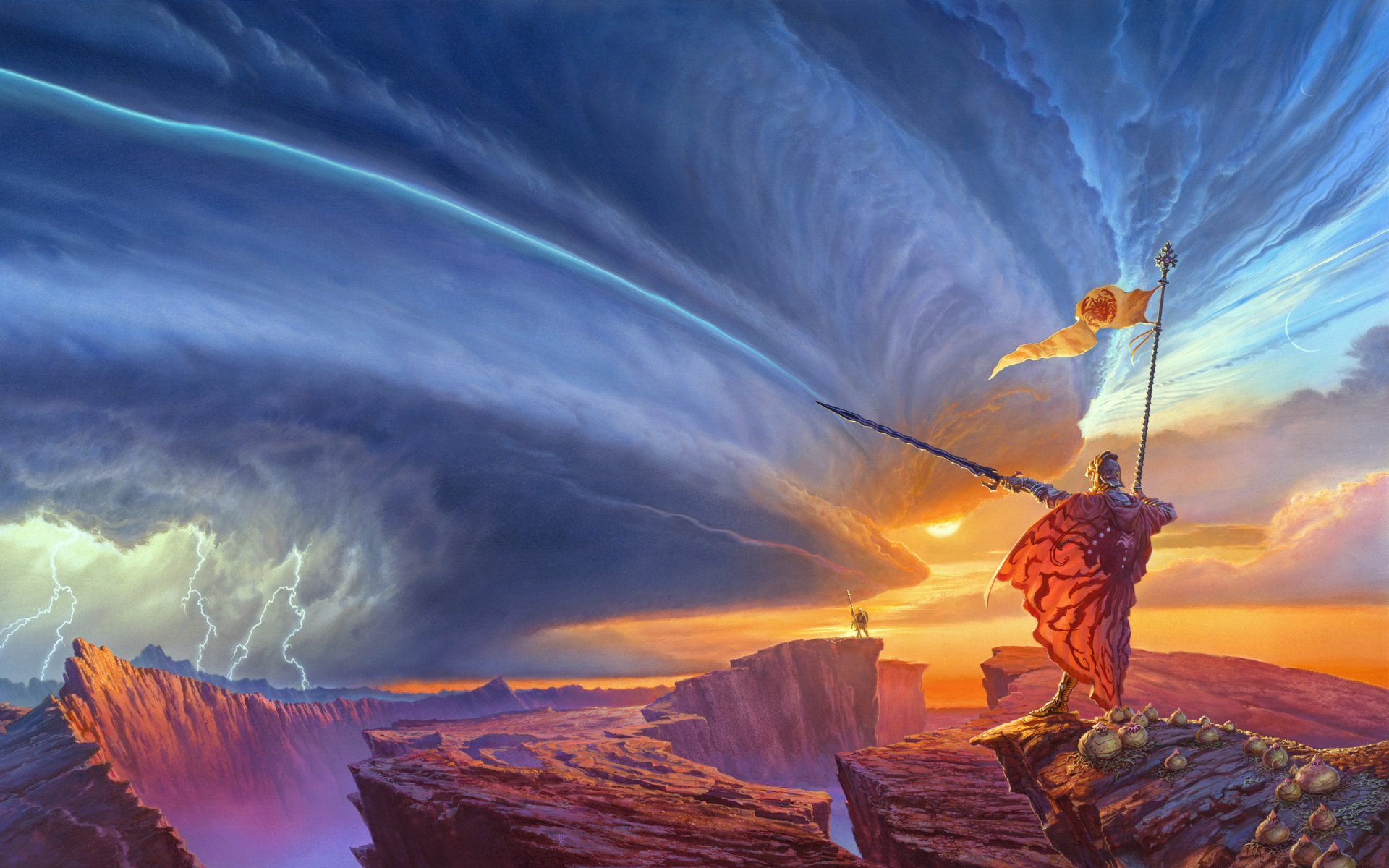 art michael whelan illustration to the book brandon sanderson the way of kings kings way rock mountain lightning war sword coat standard broken sunset clouds