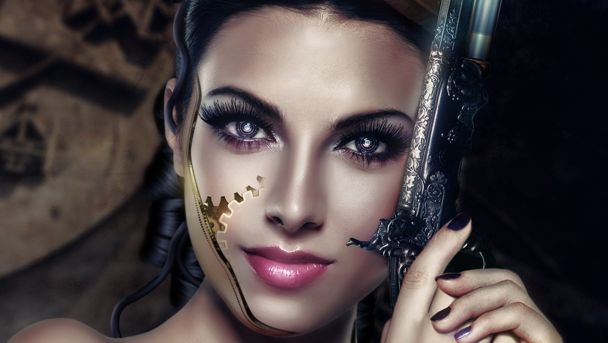 art girl cyborg view eyes hair face weapon revolver patterns
