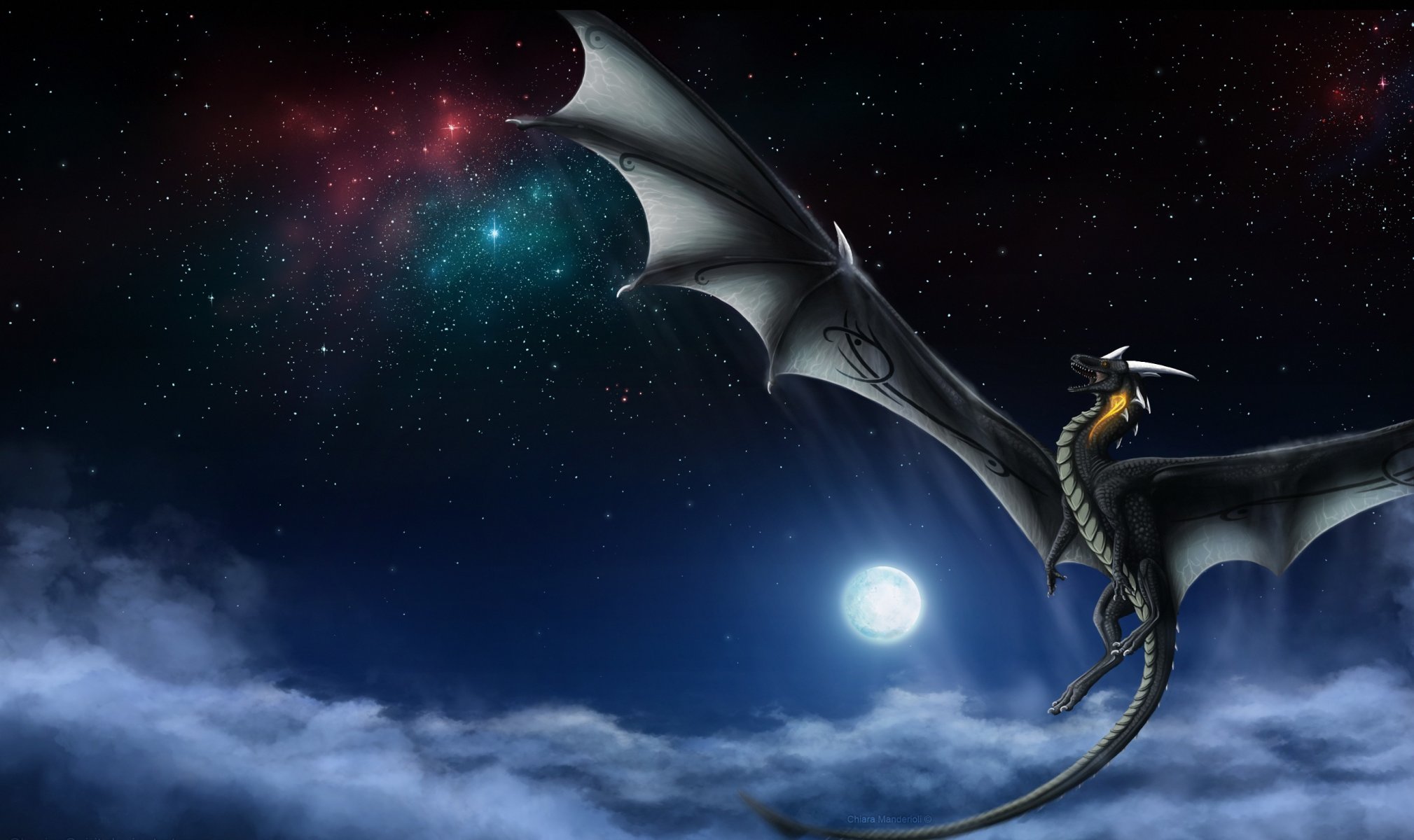 fiction dragon wings tail flight night sky star moon clouds