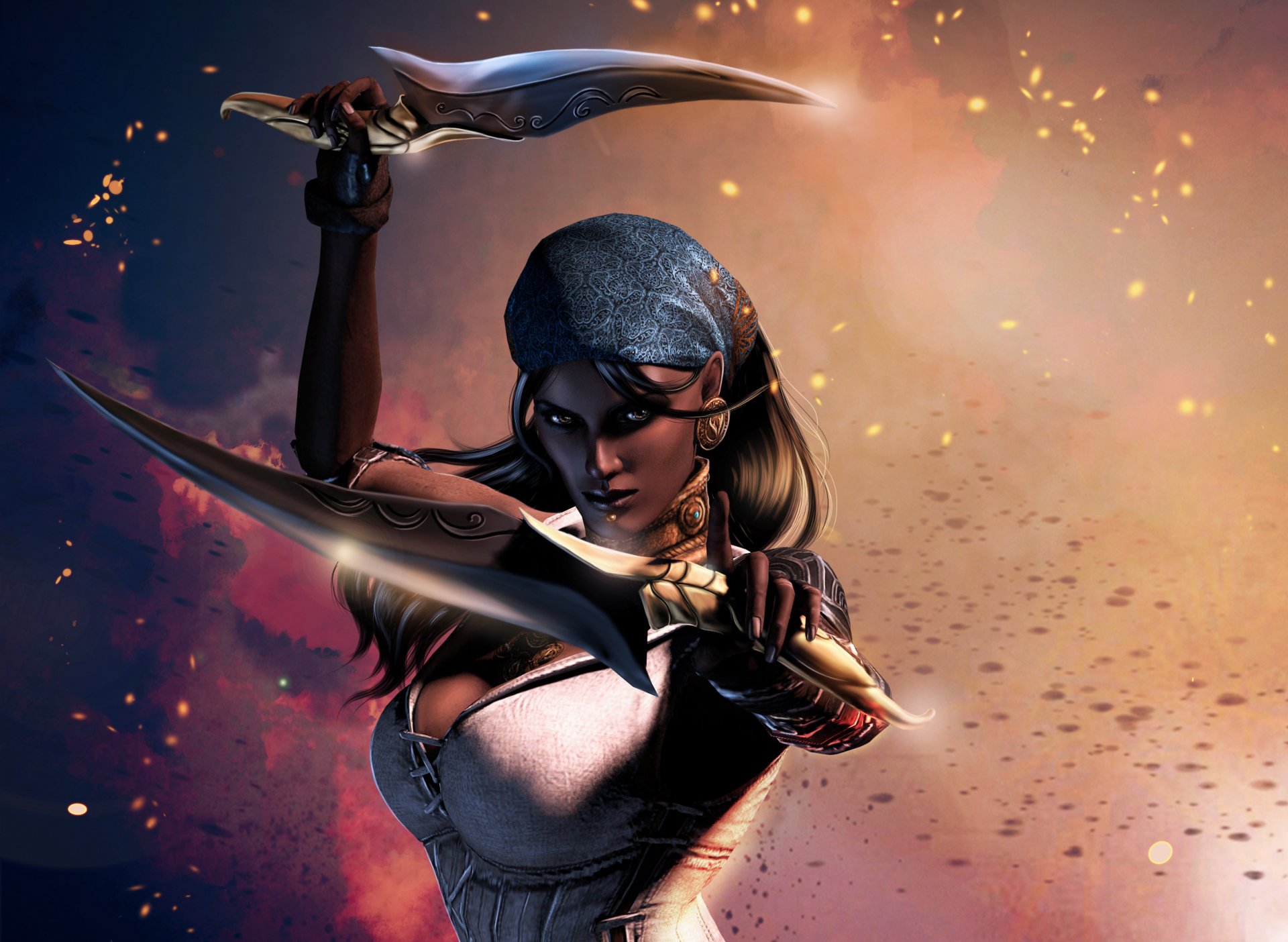 dragon age 2 isabella girl knives patterns weapon hands view face earrings