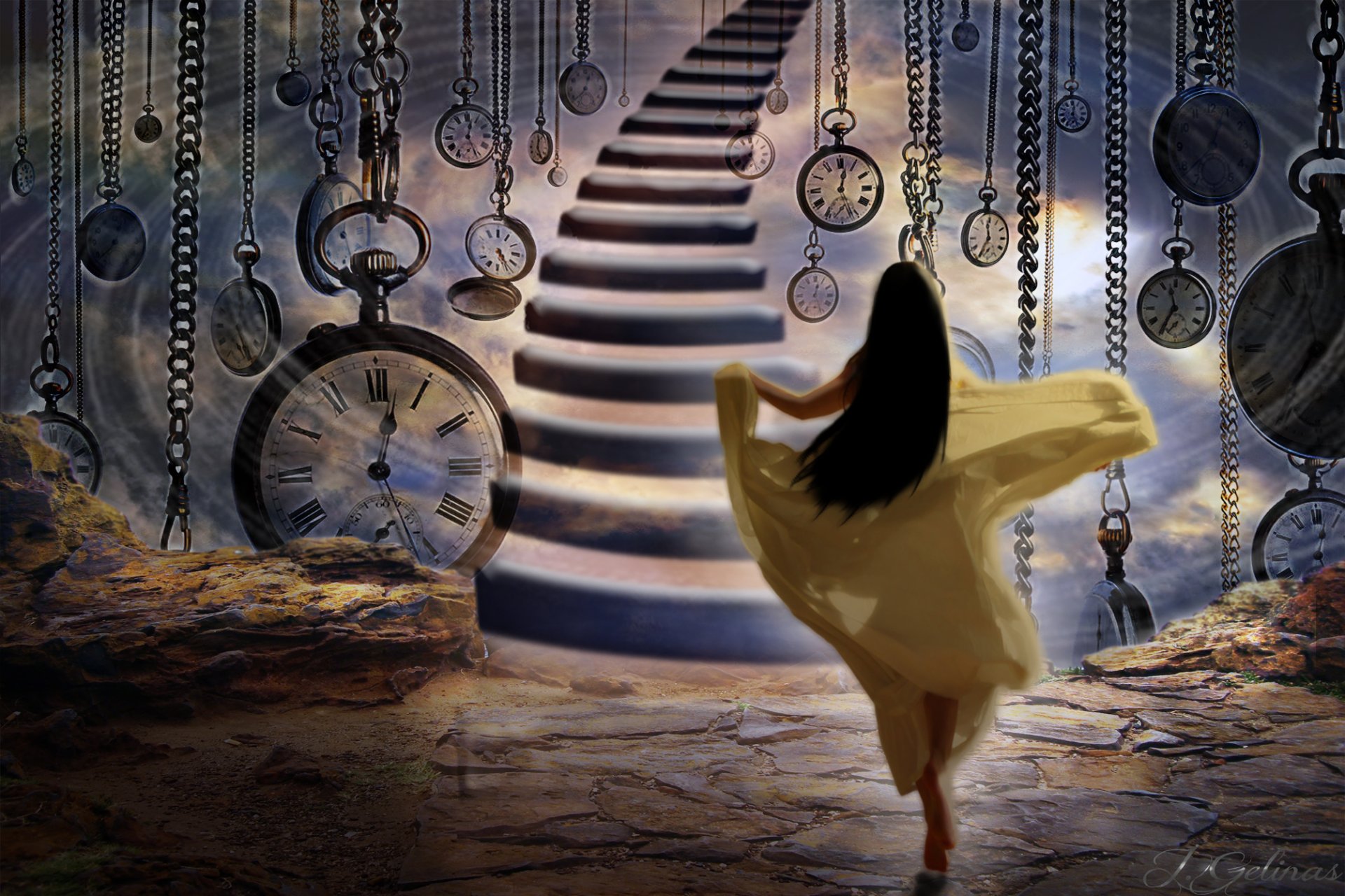 jennifer gelinas girl long hair running in a hurry time watches stairs