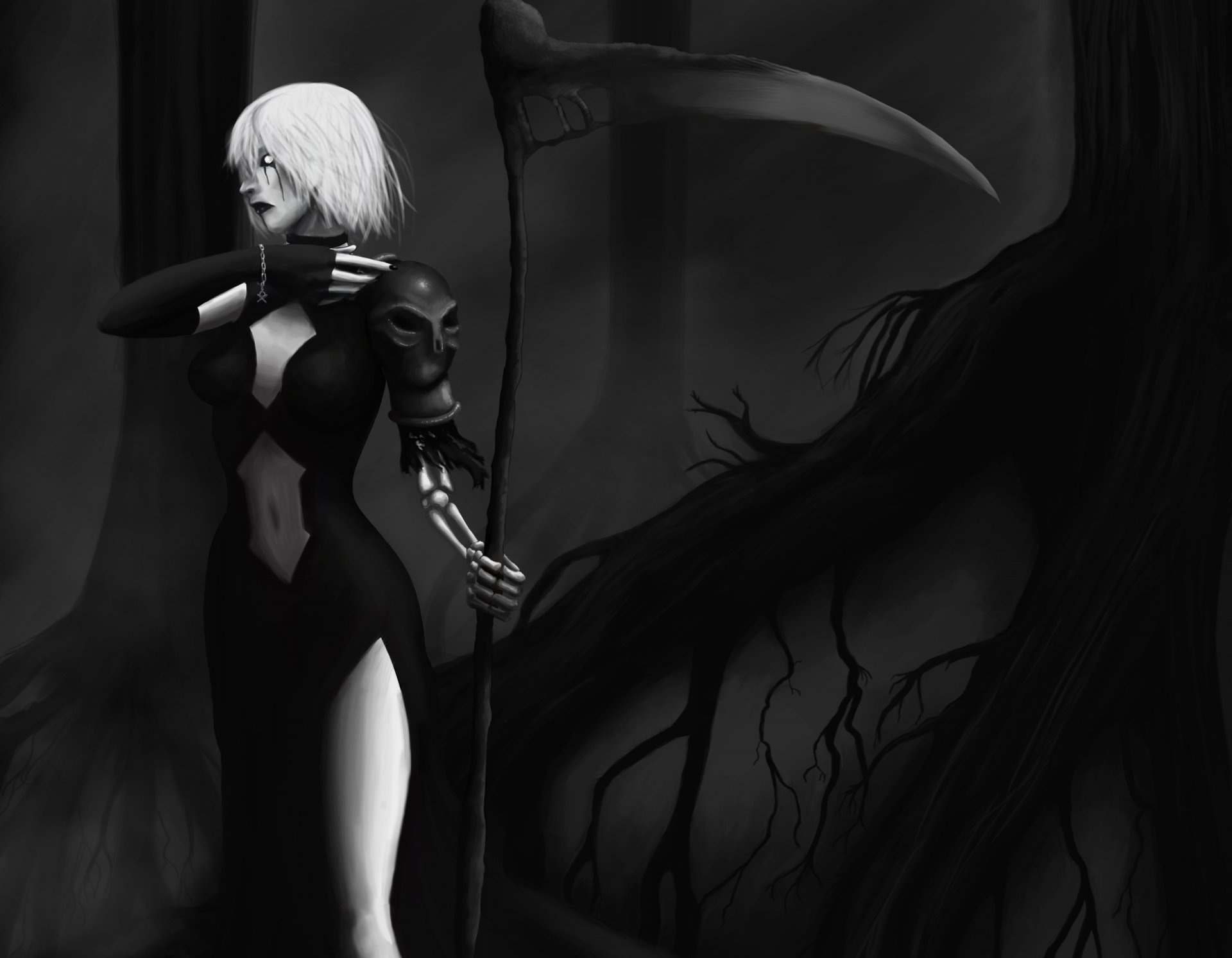 art nouren girl spit weapon bone death night h b forest skull the roots